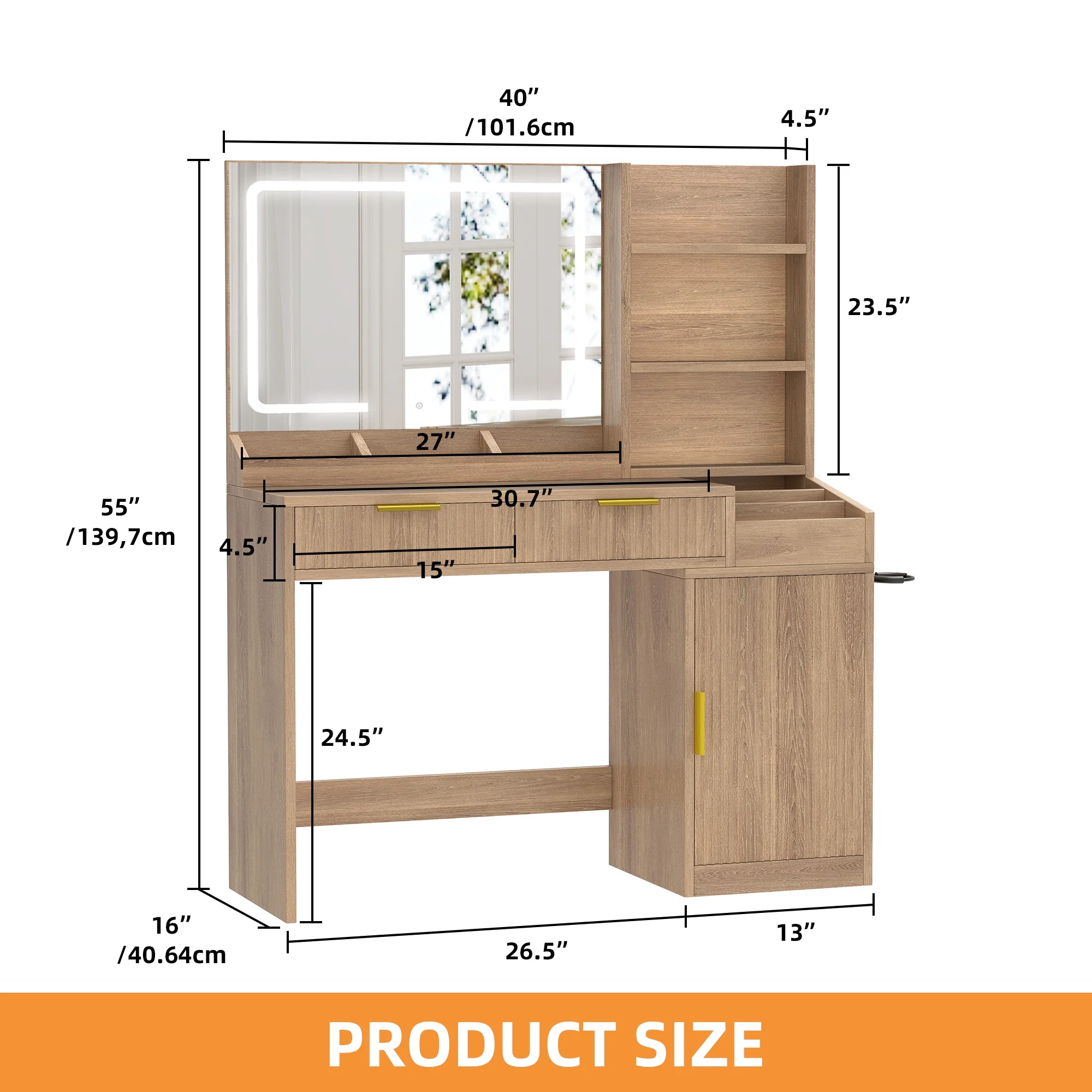 Craftian White Makeup Vanity Desk with Large Mirror and Lights, Dressing Table with 2 Storage Drawers & Power Outlets