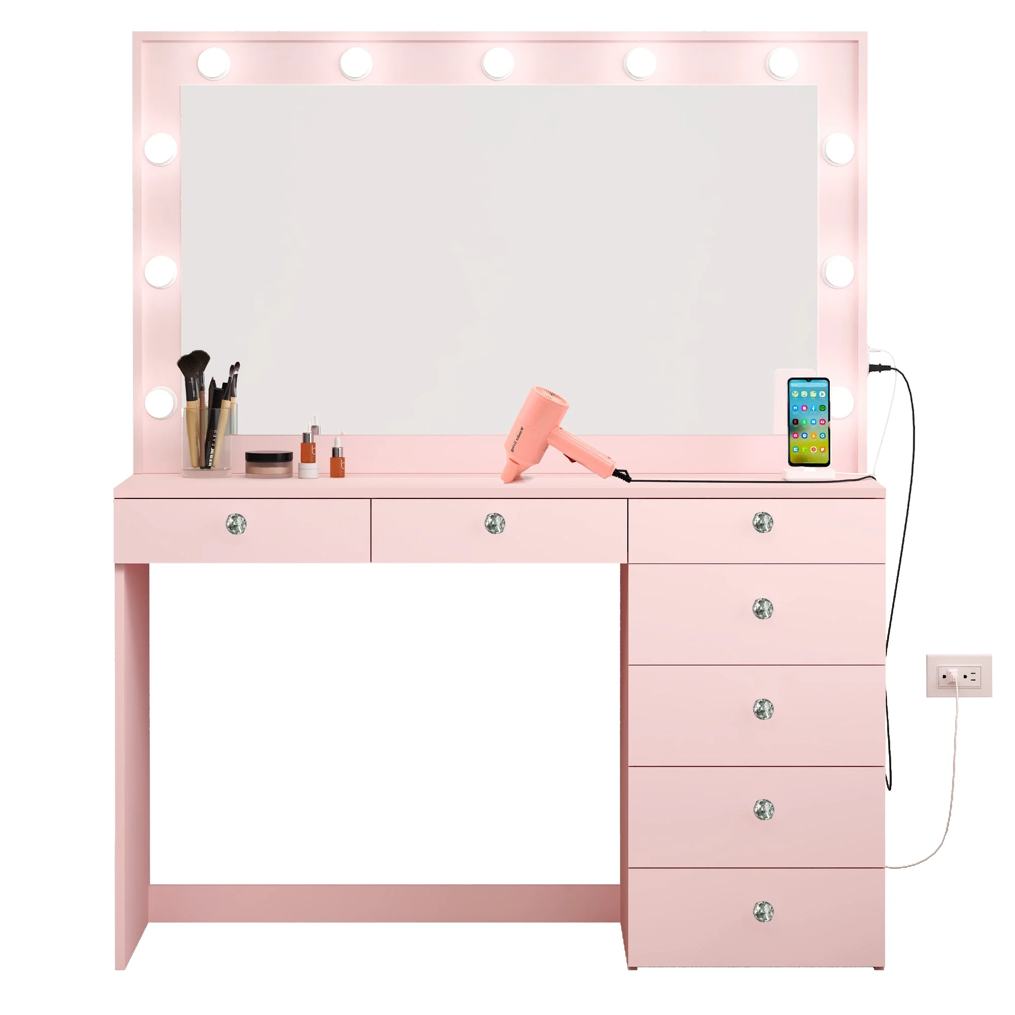Ember Interiors Peggy Vanity Desk with Lighted Mirror and USB Ports