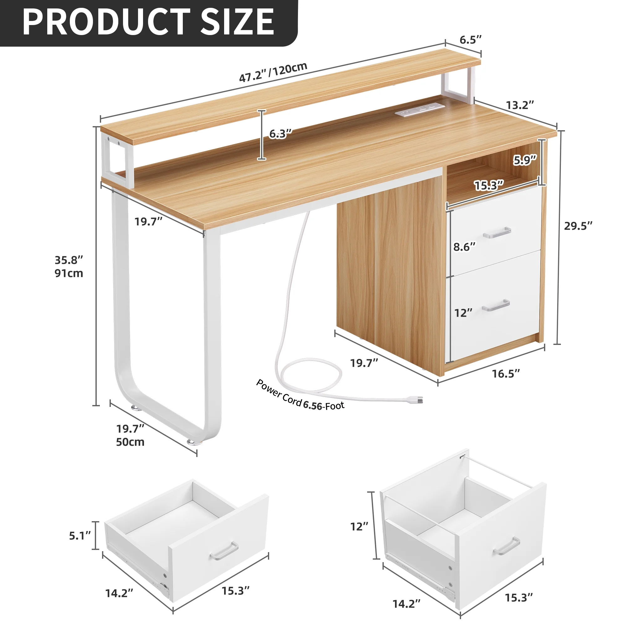 Dextrus 47 inch Computer Desk with Storage Drawers & LED Light, Office Desk with Monitor Stand & Power Outlets, Work Study PC Desk for Small Spaces, Home Office, Oak