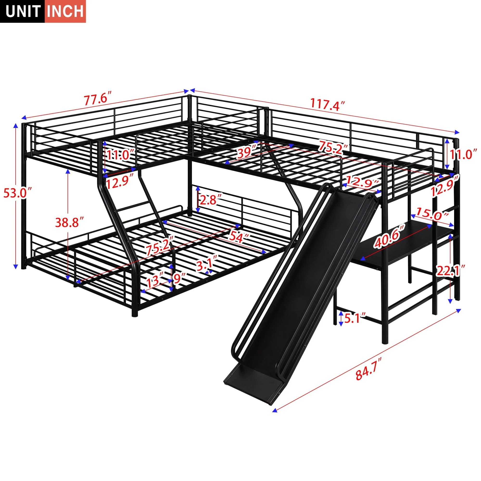 Metal L-Shaped Twin over Full Bunk and Loft Bed with Desk for Kids, Black