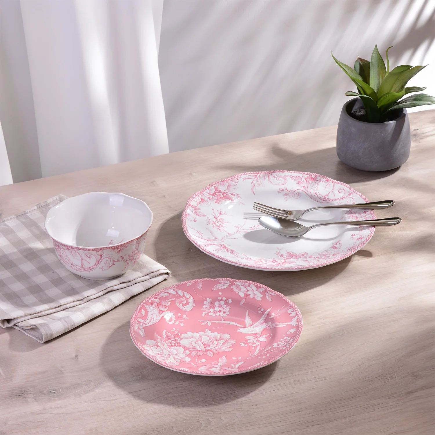 222 Fifth Adelaide Brown on White Porcelain 12 Piece Dinnerware Set, Plates & Bowls, Service for 4