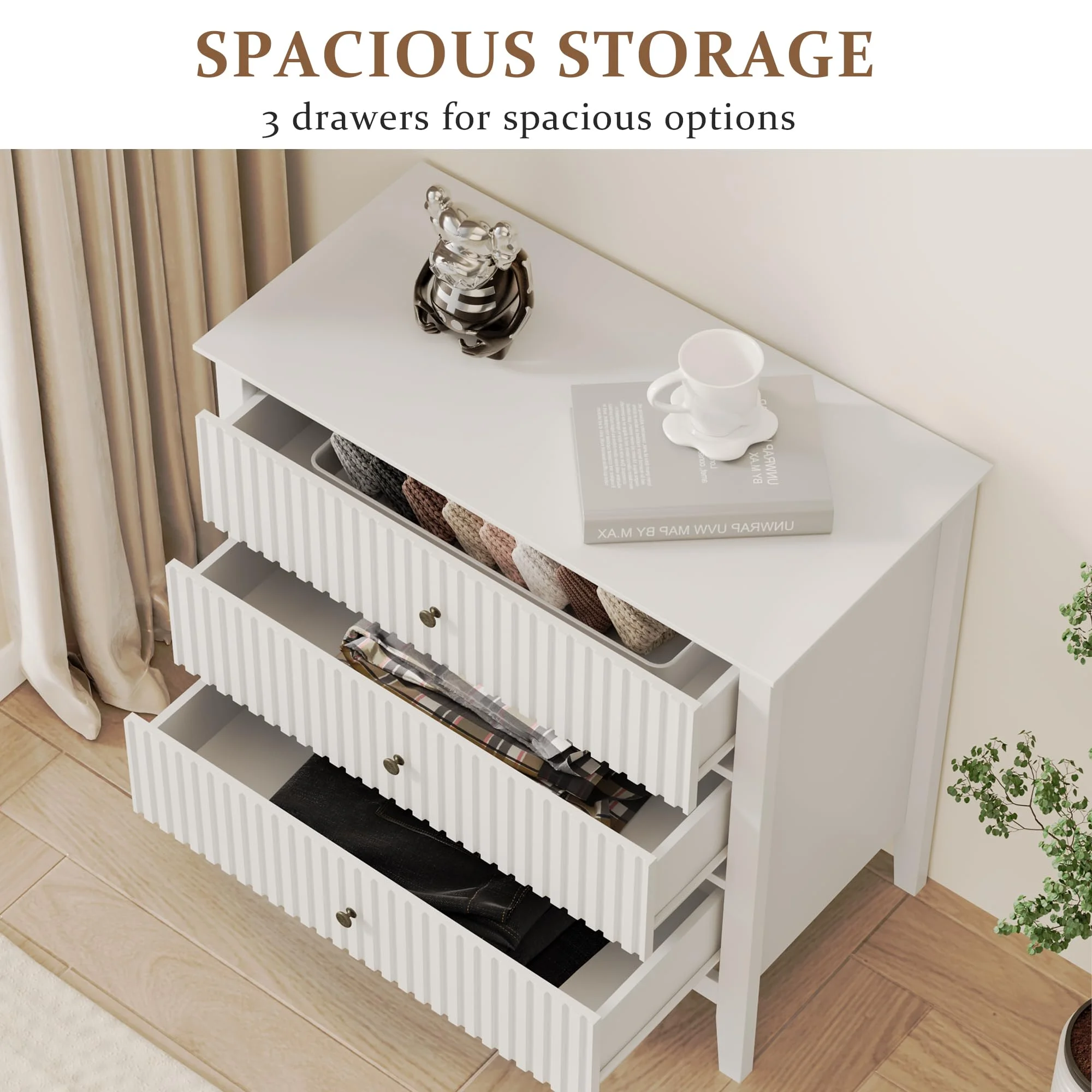 May Color Large White 3 Drawer Dresser Set of 2 with Fluted Panel, Modern Chest of Drawers with Silent Slide Drawers, Wood Accent Nightstand with Storage for Bedroom Living Room, Hallway