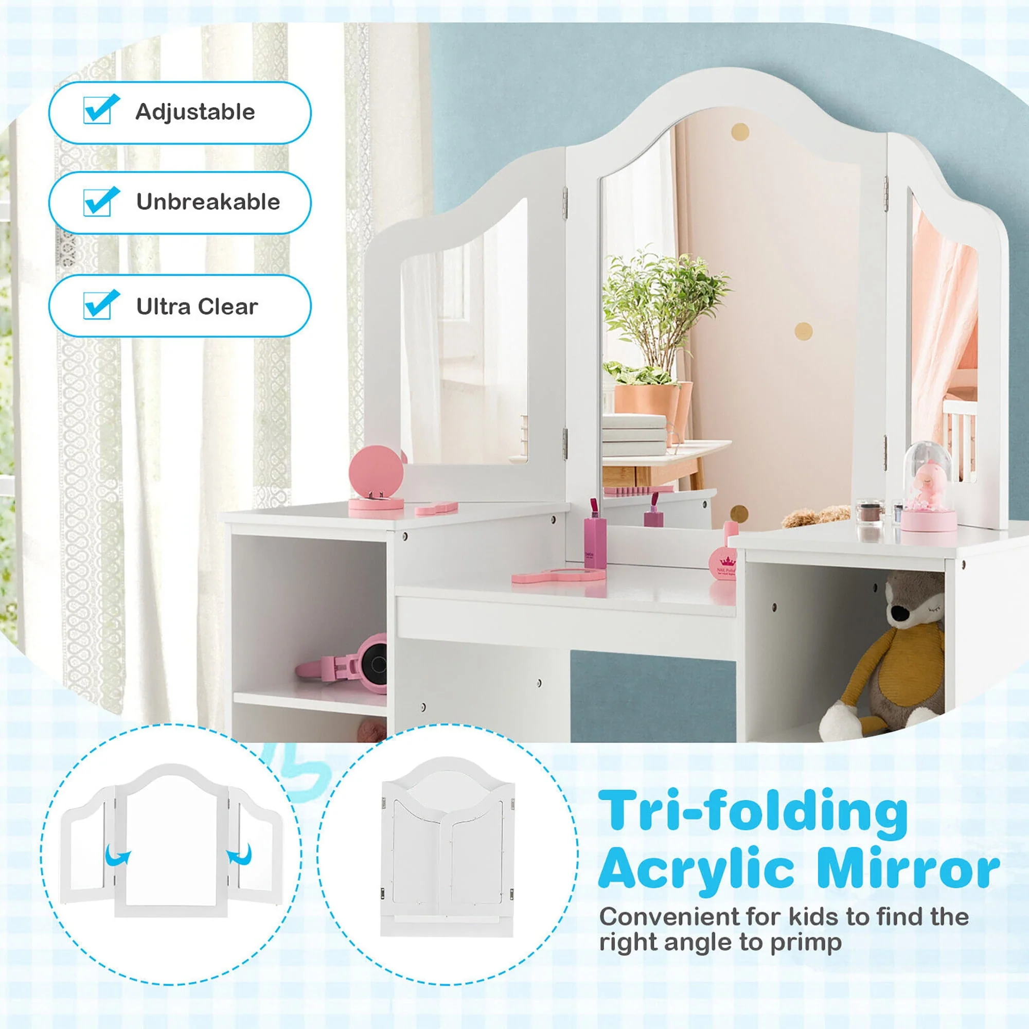 Gymax Kids Vanity 2 in 1 Princess Makeup Desk & Chair Set Safe Tri-fold Mirror White