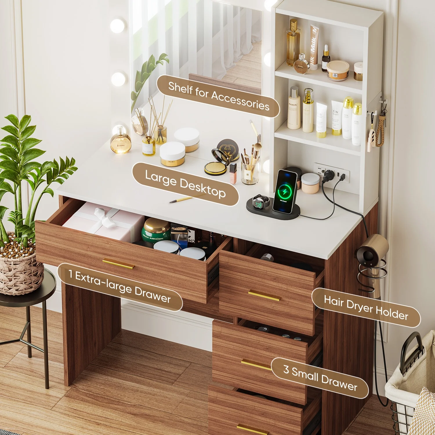 eChamp Makeup Vanity Desk with 3 Color Light & Mirror, Vanity Table with 4 Drawers, Storage Shelf, Power Outlet, Adjustable Brightness Dressing Table, White