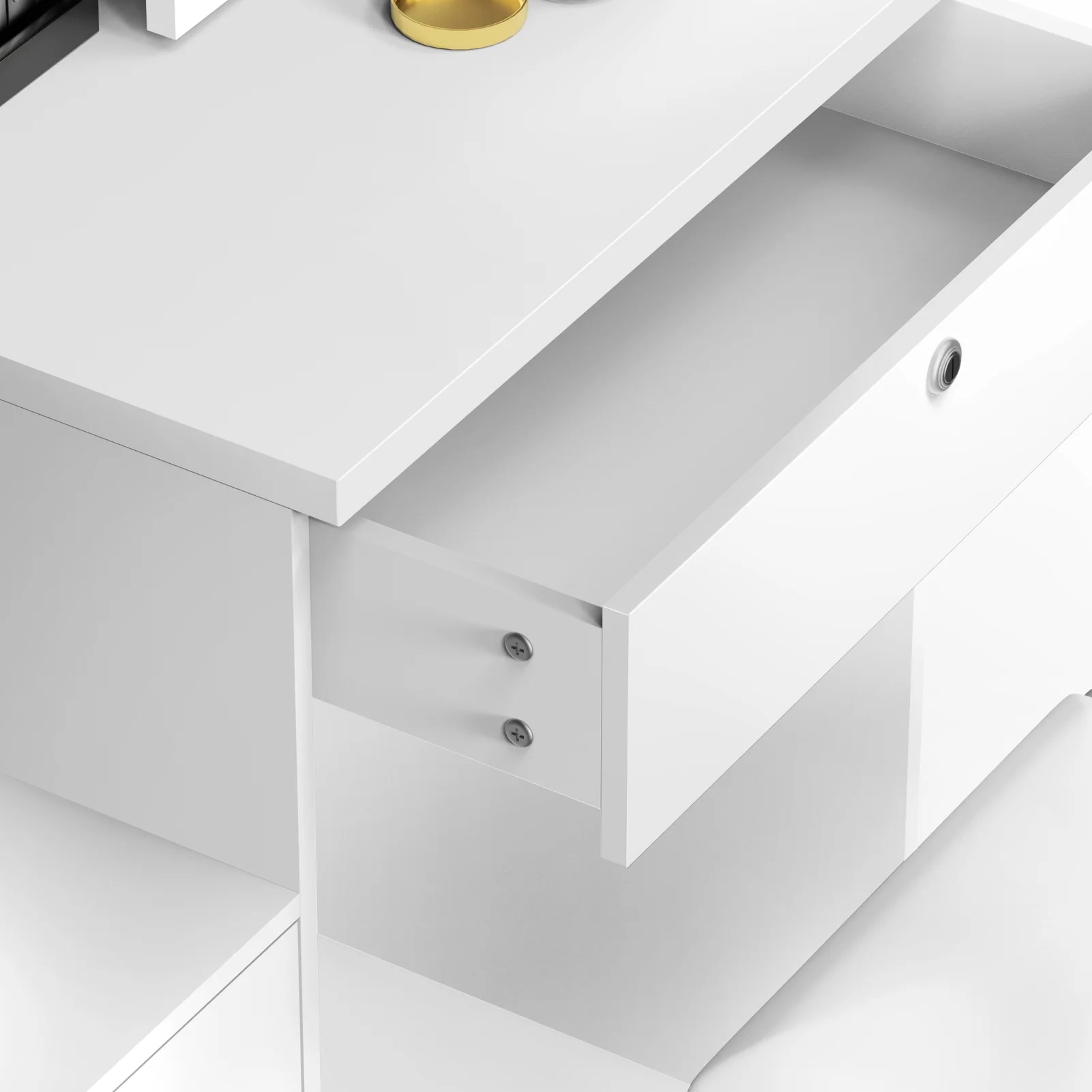 StarBay Makeup Mirror Desk Minimalist Makeup Table Compact Vanity Desk with Sliding Mirror and Lights, Hidden Storage Space, 4 Drawer, Sliding Lighted Mirror