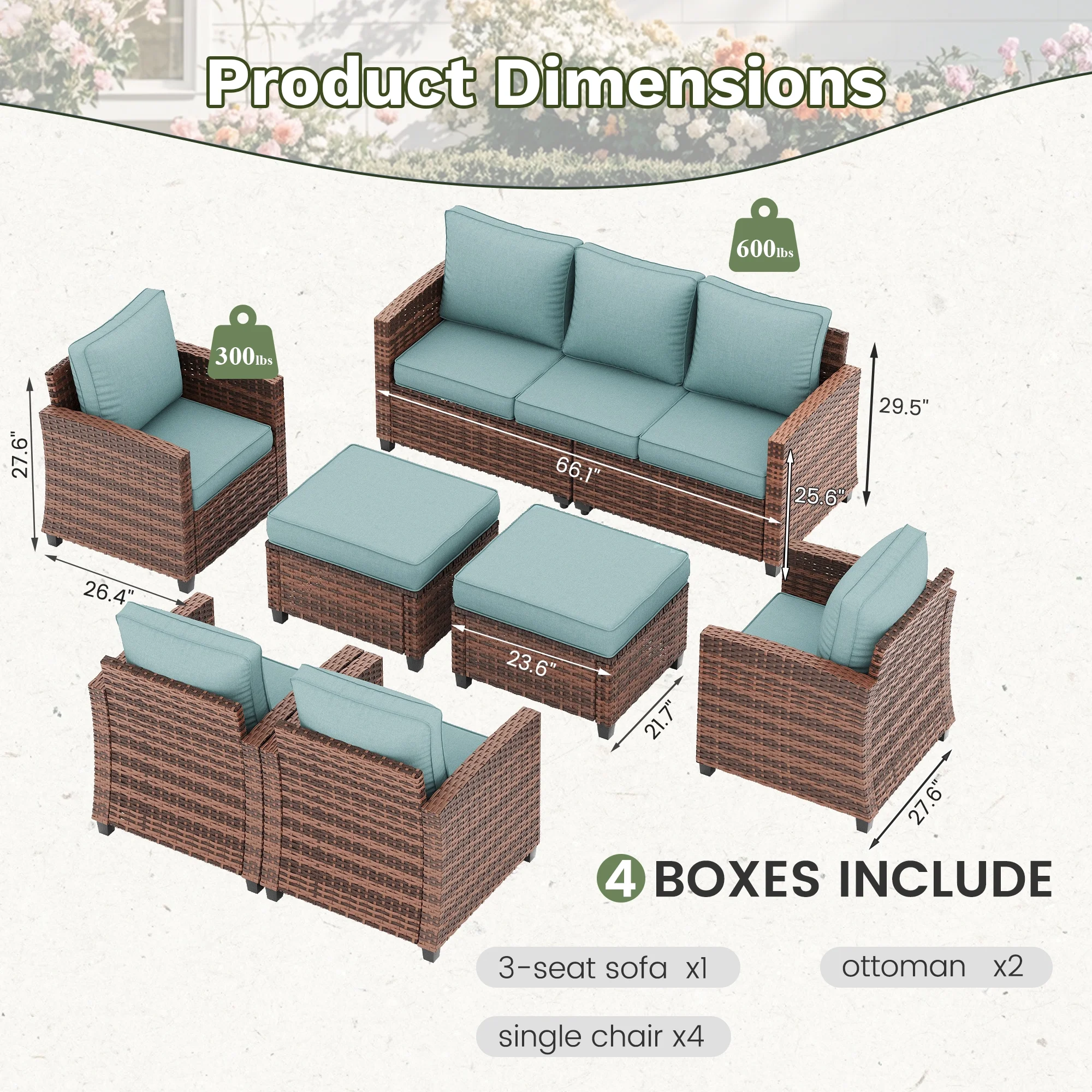 POTEBAN Patio Furniture Set, 7 Pieces Outdoor Sectional Sofa Couch with Chairs, Ottomans and Comfy Cushions, All Weather Wicker Rattan Patio Conversation Set for Garden Backyard Dark Grey