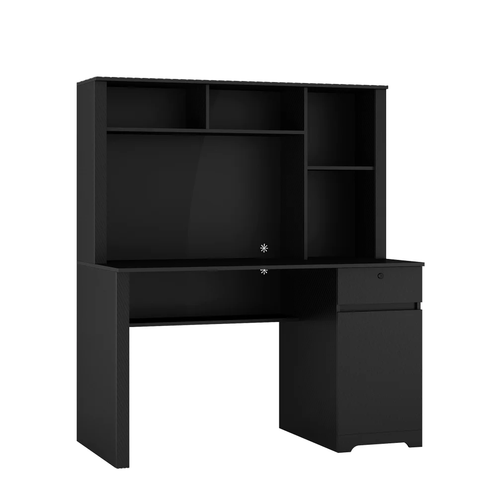 Tcbosik Modern Computer Desk with Charging Station and USB Night Light, Home Office Table with Hutch and Open Shelf, Gaming Workstation with Drawer and Cabinet for Living Room, Study Room, Black