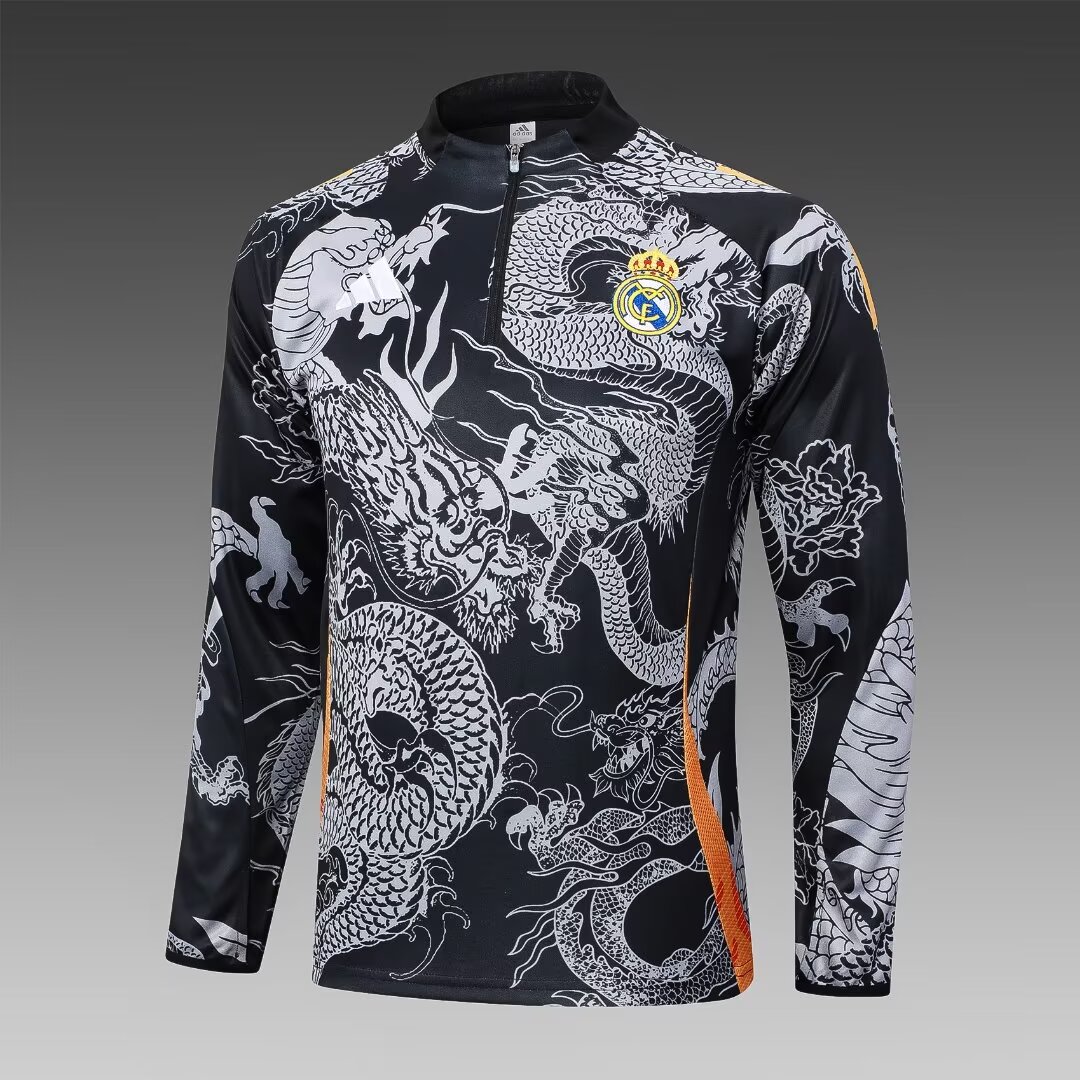 2024/2025 Real Madrid Half-Pull Training Suit Black Dragon Football Shirt 1:1 Thai Quality