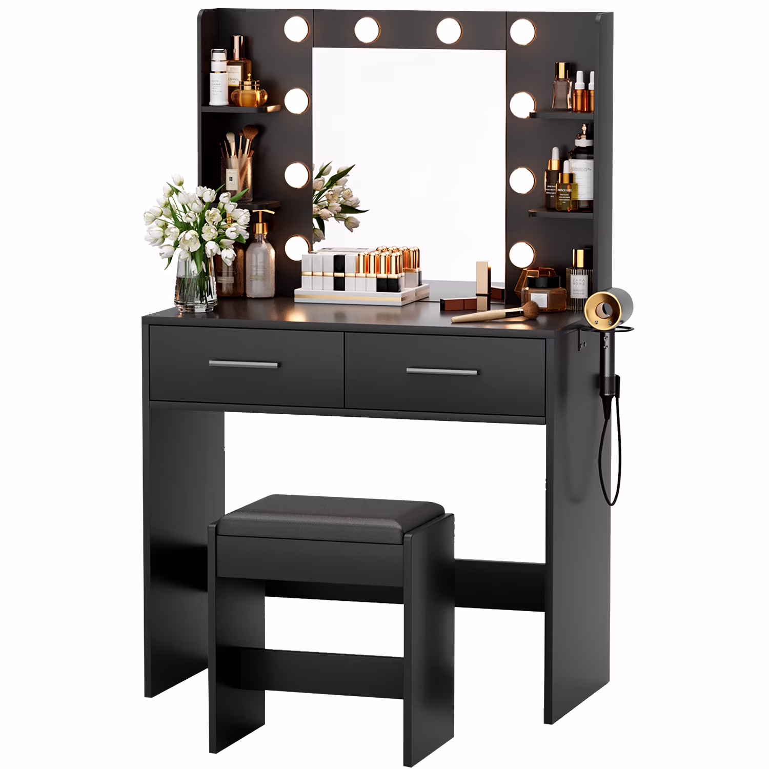Vineego Makeup Vanity Desk with Lighted Mirror & Power Outlet, Makeup Vanity with stool,White