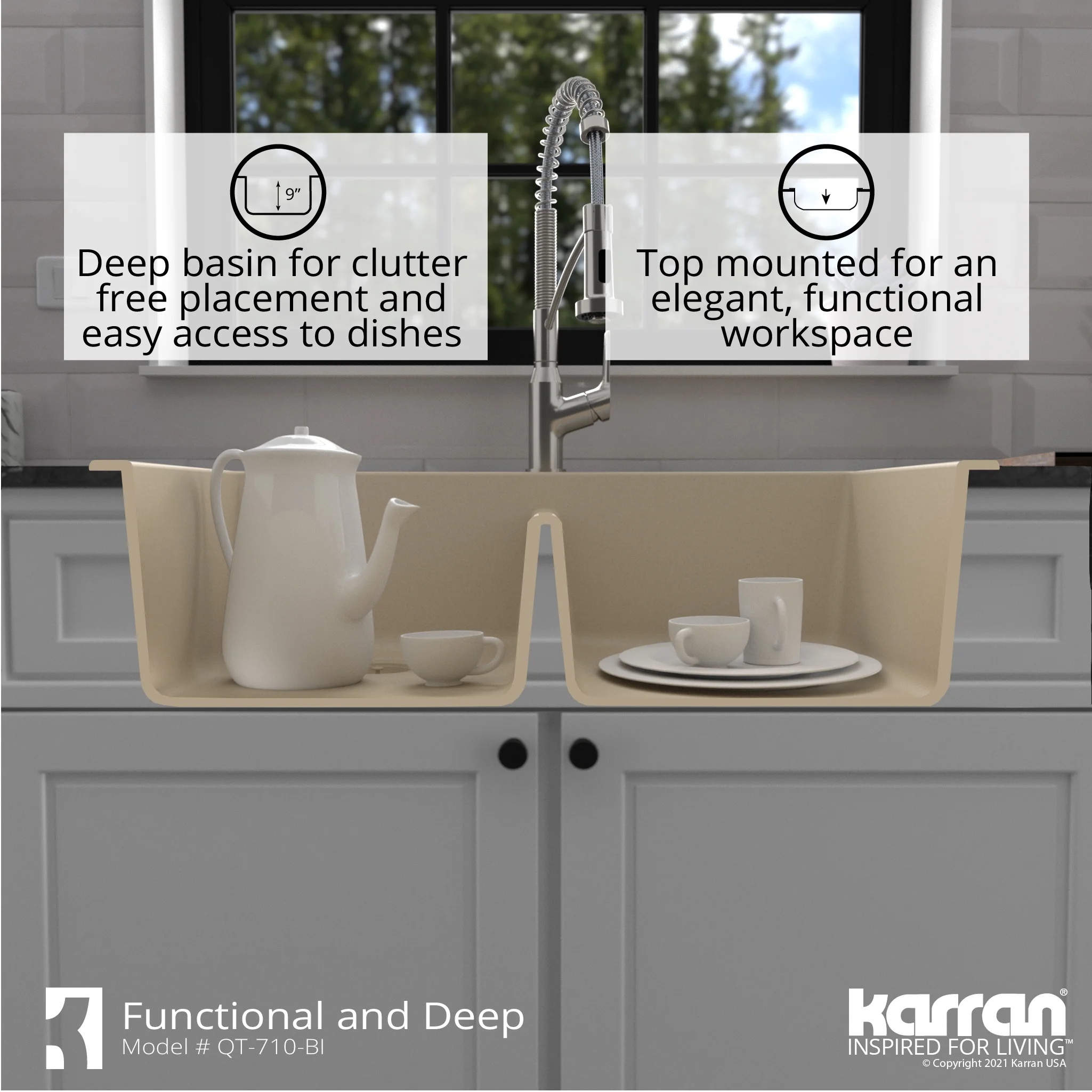 Karran QT-710-BR Brown Quartz Composite Rectangular Double Bowl Sink