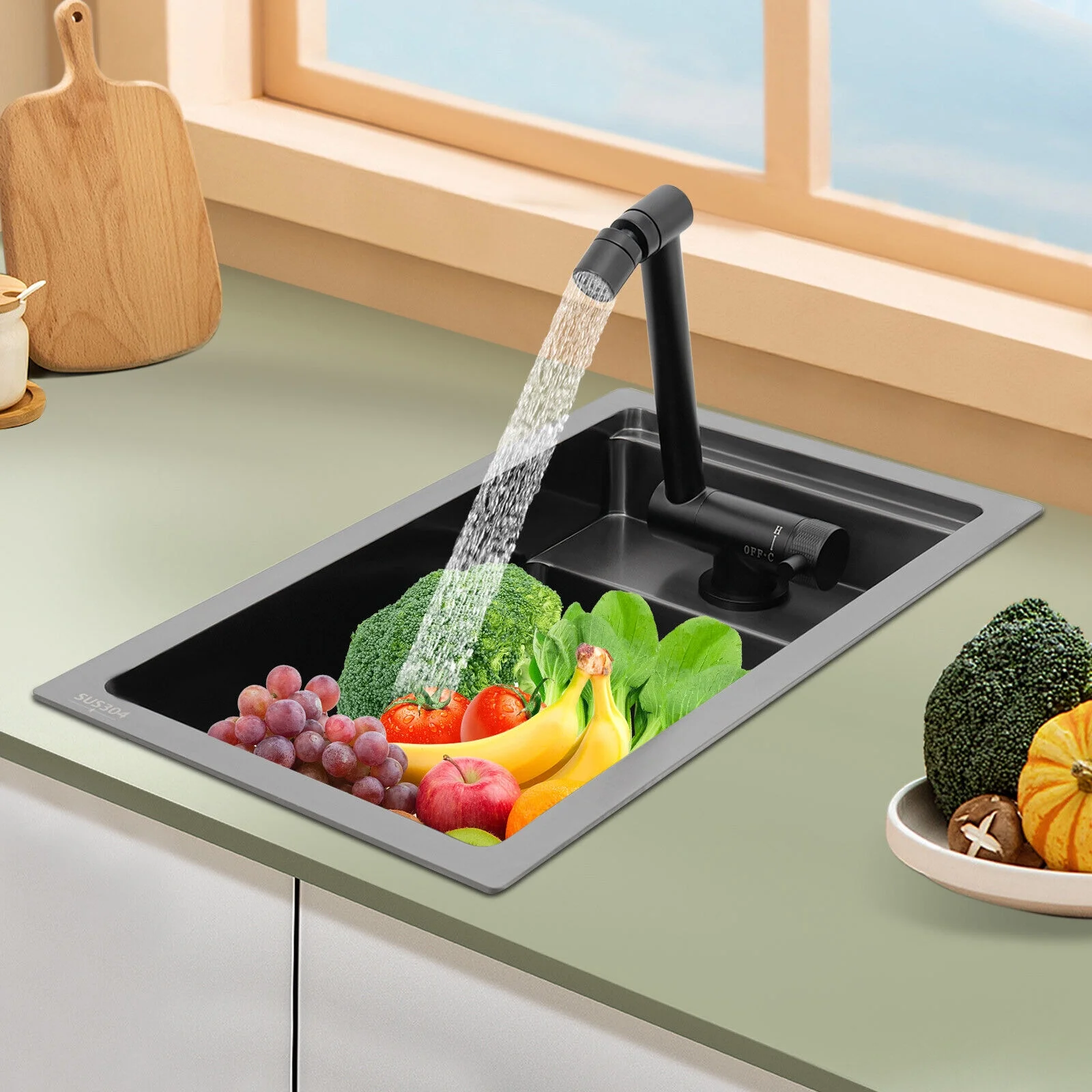 Modern Drop in Bar Sink, Single Bowl Kitchen Sink with Foldable Faucet, Black Nano 304 Stainless Steel Utility Sink for Compact Kitchen Commercial Hotel RV Laundry