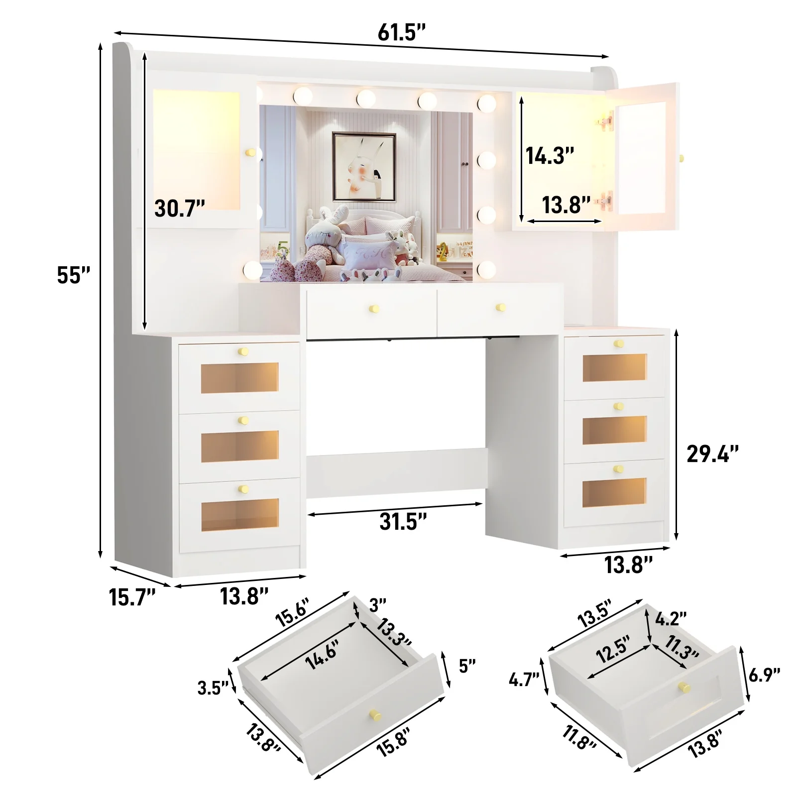 ChVans 62'' Large Vanity Desk with Tempered Glass Top, 11 LED Bulbs, Charging Station, Bedroom Makeup Vanity with 3 Lights Mode LED Mirror, 6 Translucent Drawers, 2 RGB cabinets for Women, Girls Gift