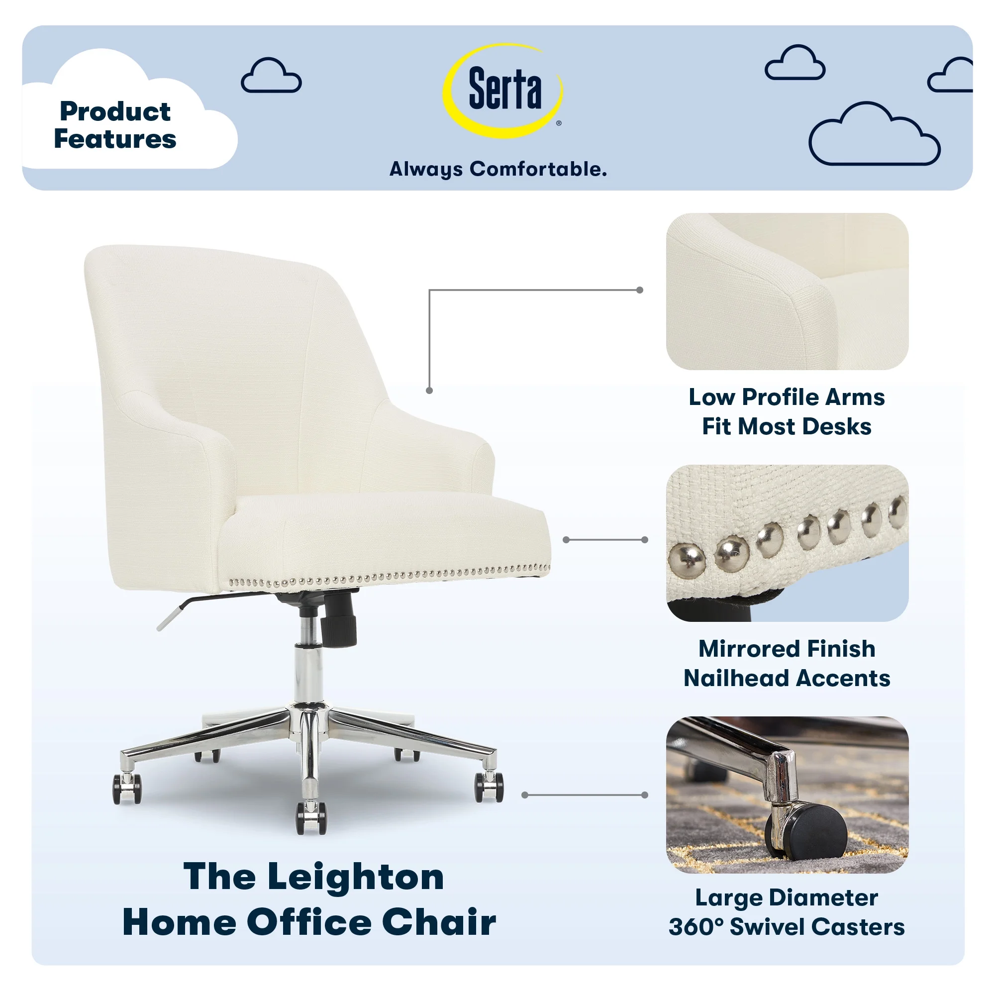 Serta Leighton Home Office Desk Chair Chrome Nailheads Twill Fabric Lilac Purple