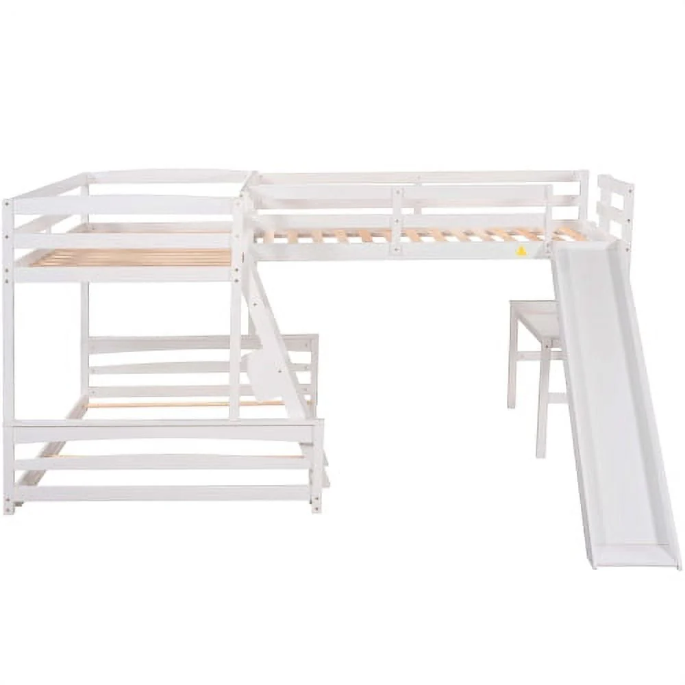 L Shaped Triple Bunk Bed for 5, Twin Over Full Bunk Bed and Twin Size Loft Bed with Built-in Desk, and Slide,Full-Length Guardrail, White