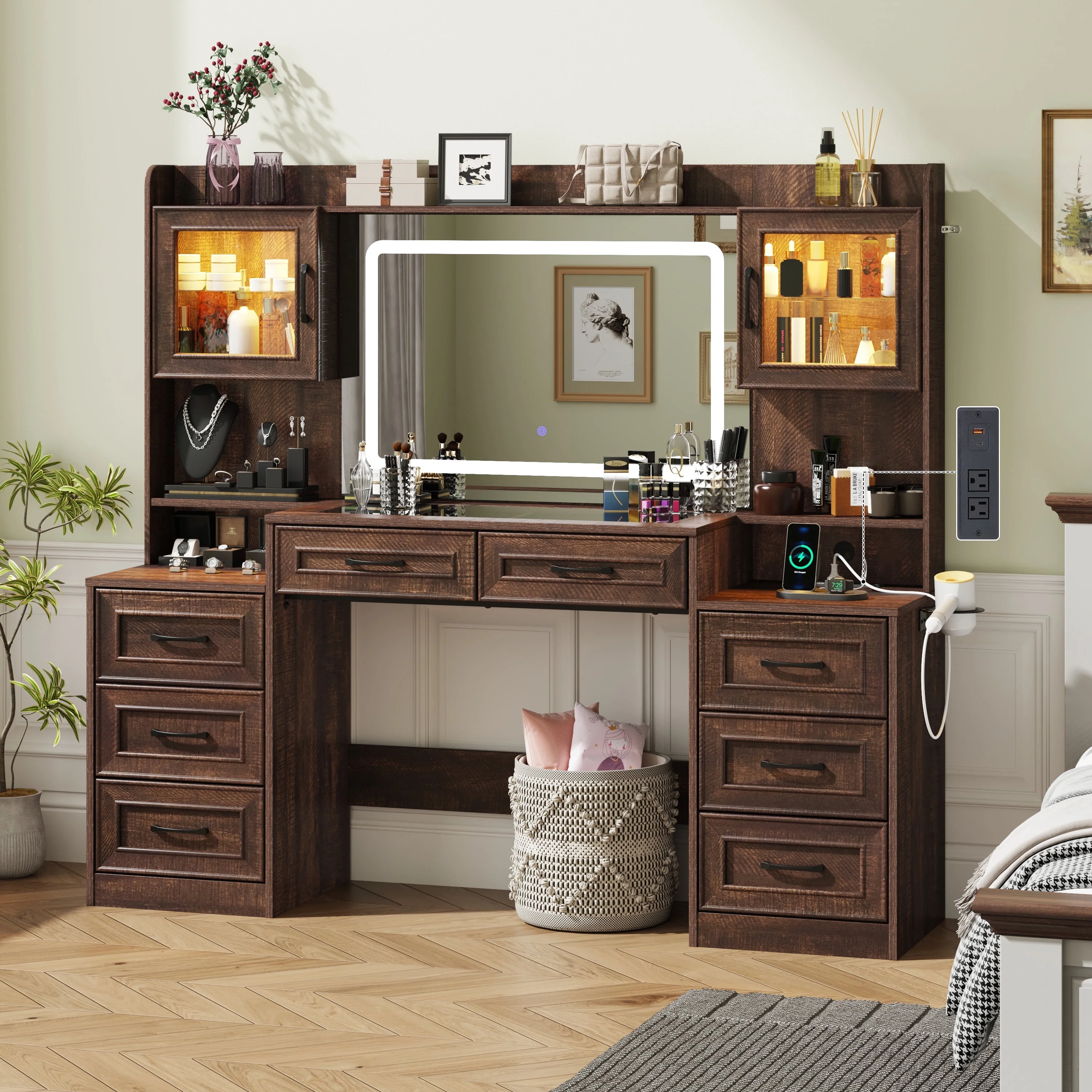 ChVans 62'' Large Vanity Desk with Tempered Glass Top & Charging Station, Farmhouse Makeup Vanity with 8 Storage Drawers & 2 LED Glass Storage Cabinets & 3 Lights Mode LED Mirror for Women Gift