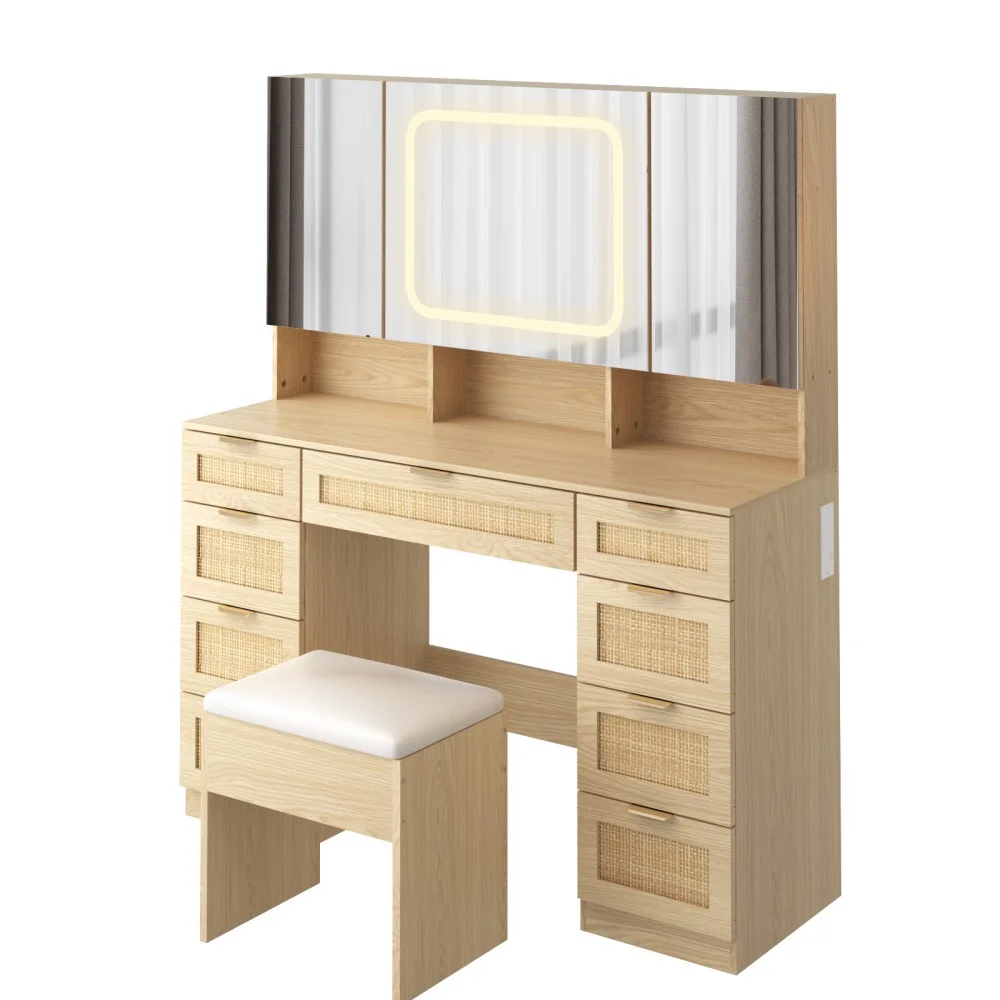 IVV Vanity Desk Set with Large LED Lighted Mirror & Power Outlet, Makeup Dressing Table with 9 Drawers and 3 Cabinets in Mirrored Doors, 47
