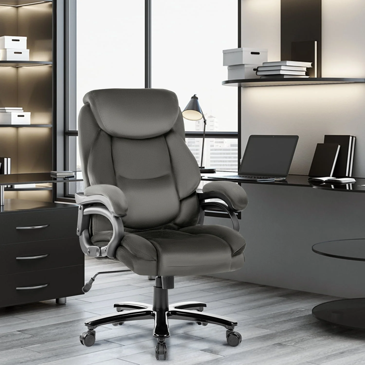 JONPONY Home Office Chair, Big and Tall Chair 8 Hours Heavy Duty Design, Ergonomic High Back Cushion Lumbar Back Support, Computer Desk Chair, Adjustable Executive Leather Chair with Arms,Grey