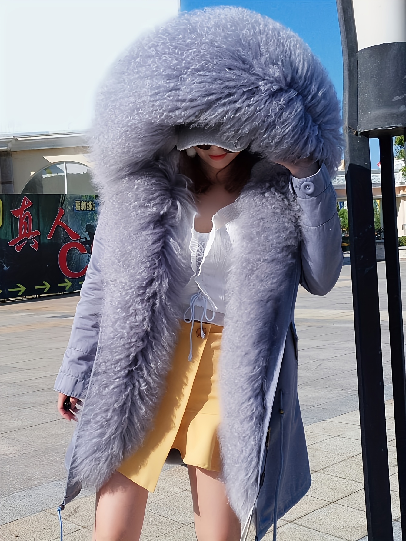 Women’s Fashion Winter High Street Faux Fur Collar Coat, Long Length, Solid Color, Polyester 100%, Non-Stretch Fabric