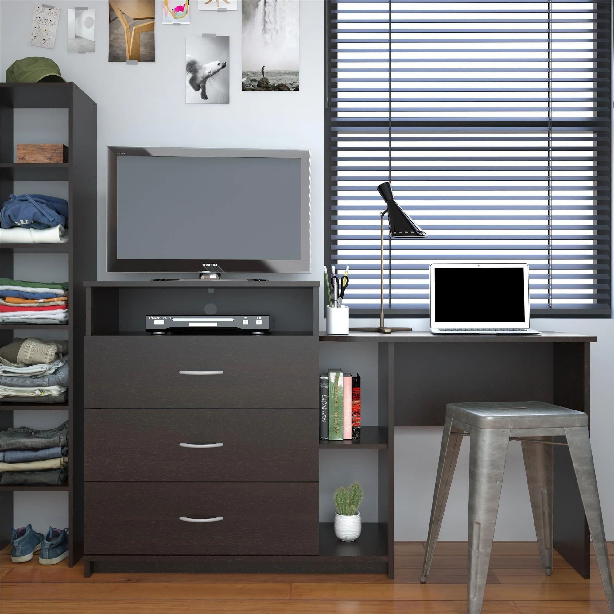 Elm & Oak Somerset 3 in 1 Media Dresser and Desk Combo, Espresso