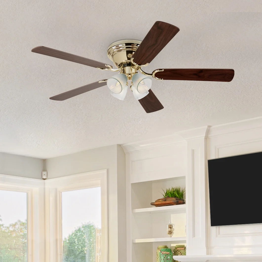 Westinghouse Contempra 4 52 in. Polished Brass Finish Reversible Blades (Walnut/Oak) Clear Ribbed Glass