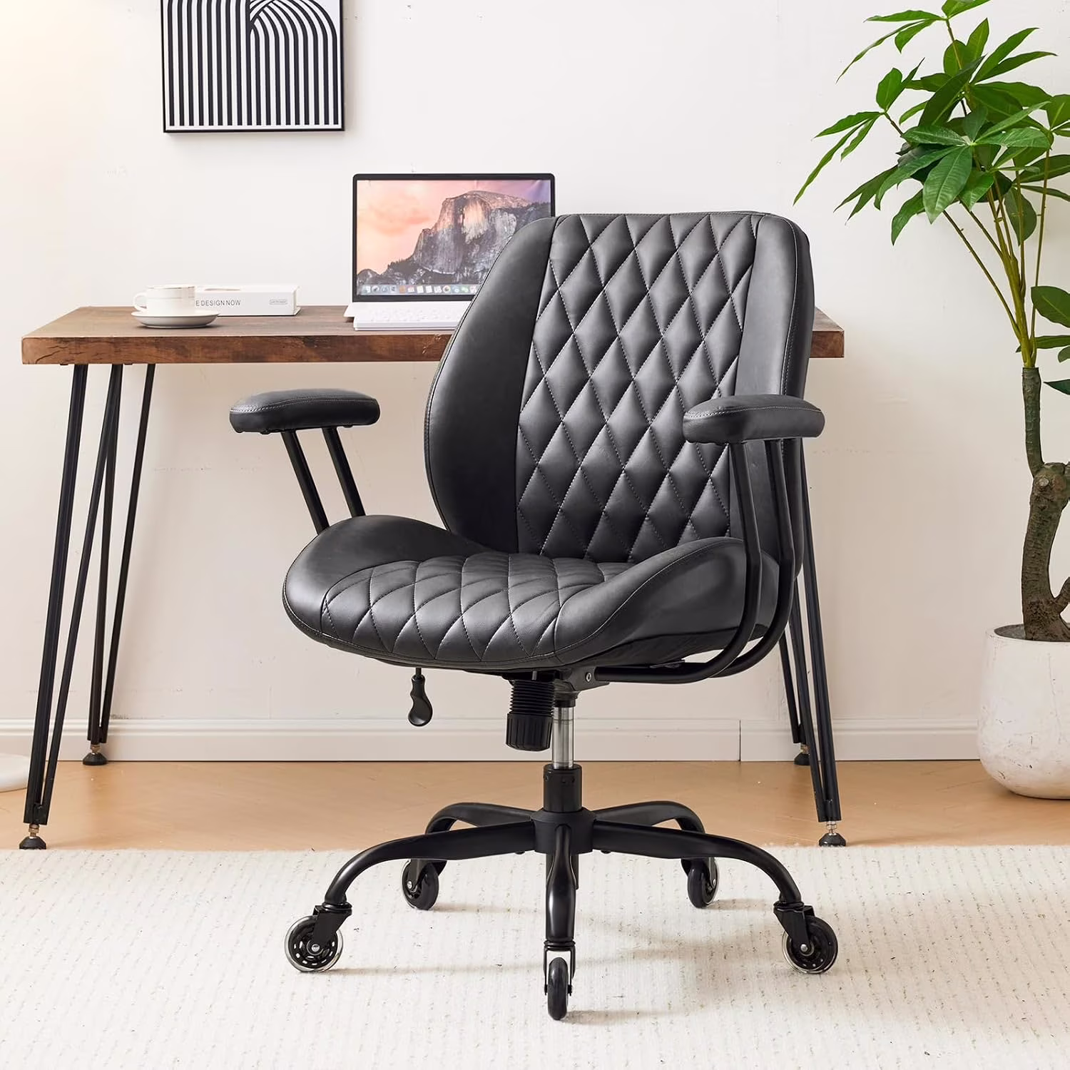 QW Home Office Desk Chair Office Rubber Casters Ergonomic Computer Chair with Lumbar Support Adjustable Height Rolling Swivel Executive Task Armrests Chair??? Brown Leather
