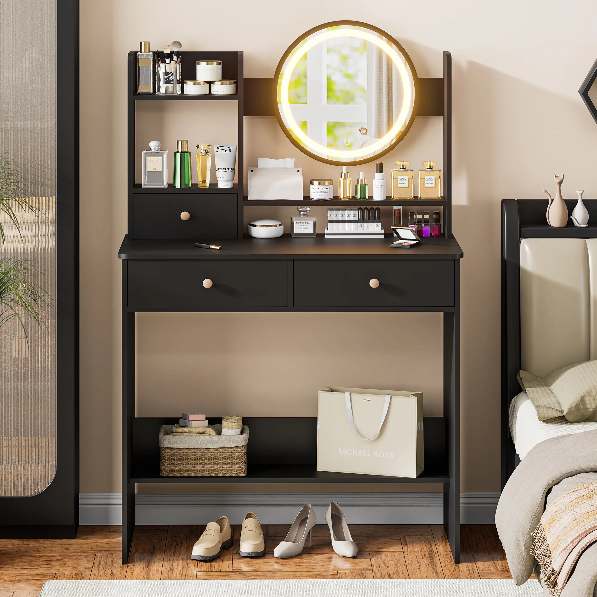 Vanity Desk with LED Lighted Mirror, Makeup Vanity Desk with 3 Drawers & Storage Shelves, 3 Color Modes, Dressing Table for Bedroom, White