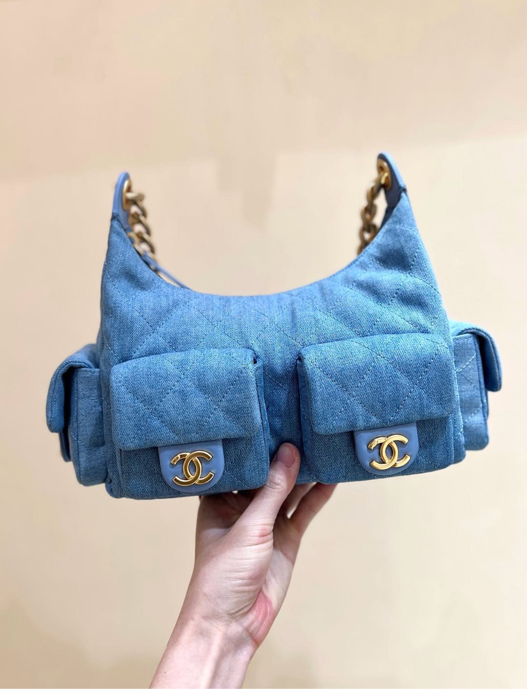 [15A] Chanel Washed Denim Quilted Trendy Pockets Hobo Bag