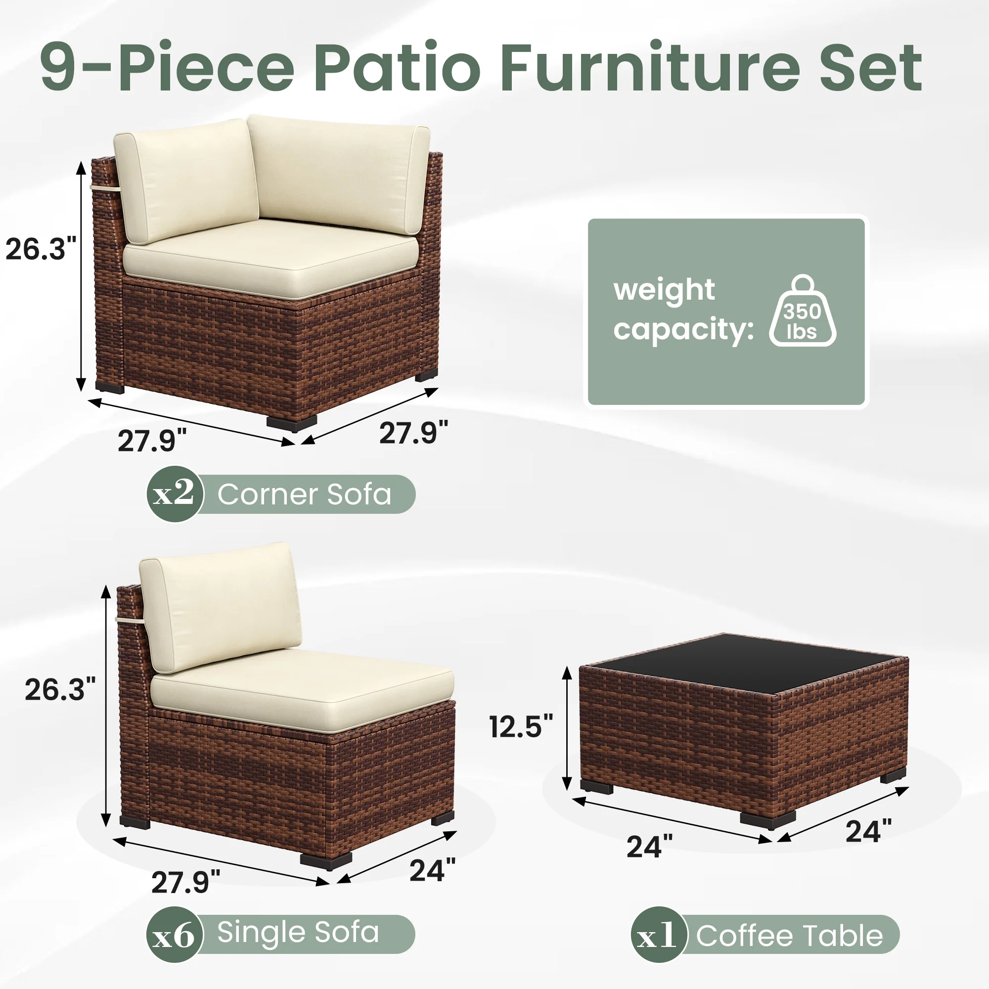 Poteban 7 Pieces Outdoor Sectional Sofa Set , PE Wicker Rattan Slanted Back Outdoor Conversation with Cushions and Glass Coffee Table for Backyard Garden, Dark Gray