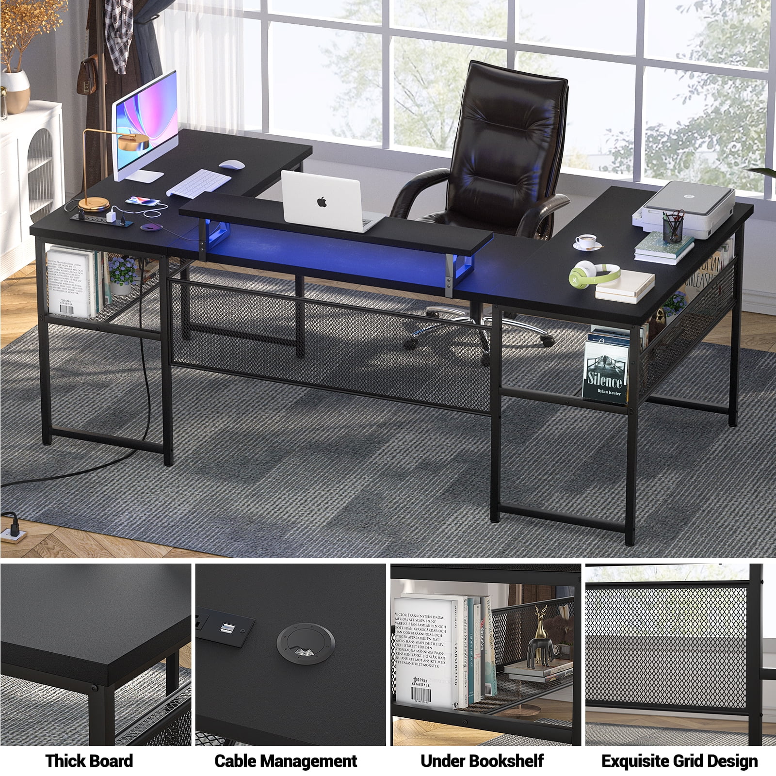 Homieasy U Shaped Desk with Power Outlet and LED Strips, 129.9'' Ergonomic L-Shaped Gaming Desk with Monitor Stand, Reversible Corner Computer Desk with Storage Shelf for Home Office, White Oak