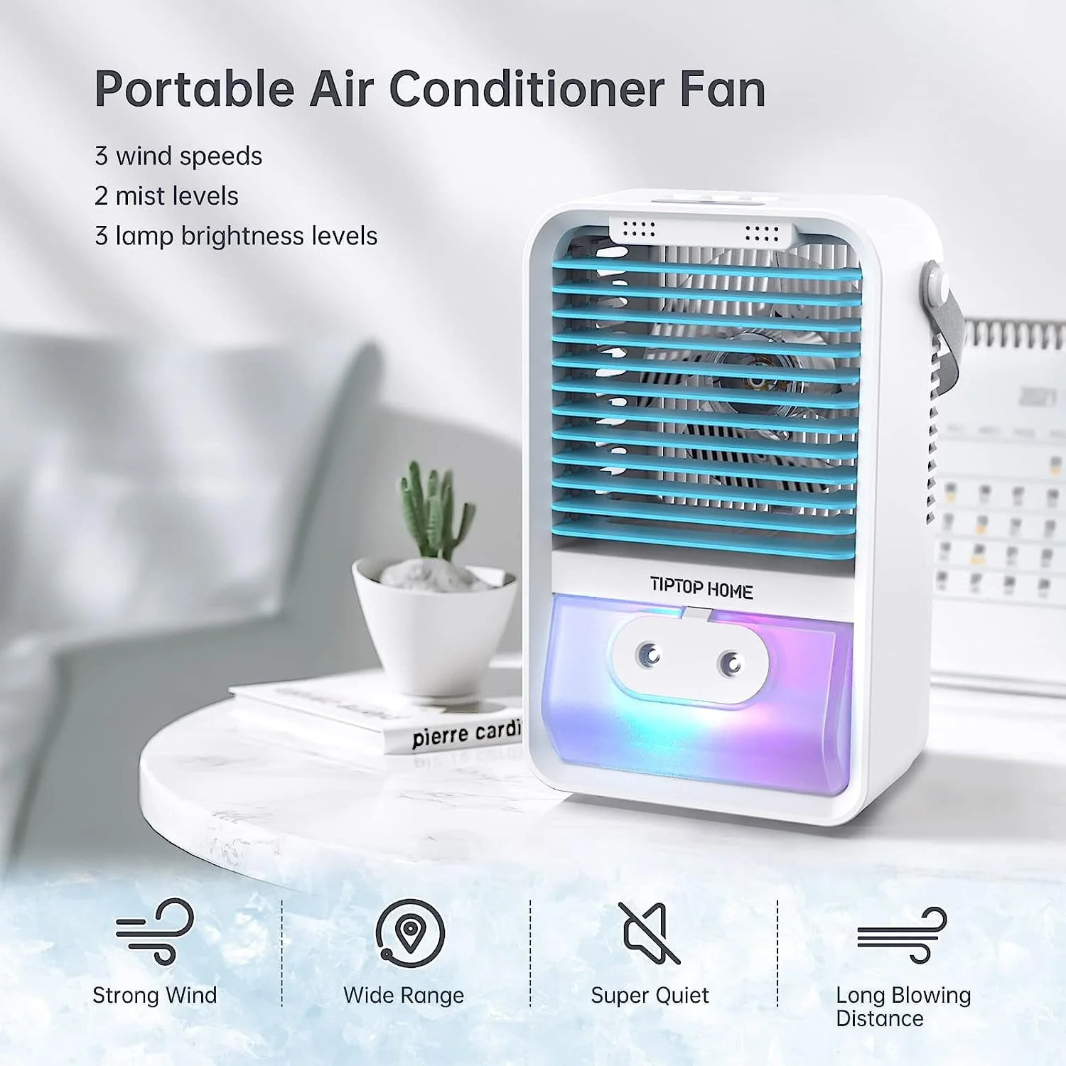 Flend Portable Air Conditioner Fan, Evaporative Air Cooler Humidifier, Small Desktop Cooling Fan with 7-Color LED Light for Room Office Camping, Blue