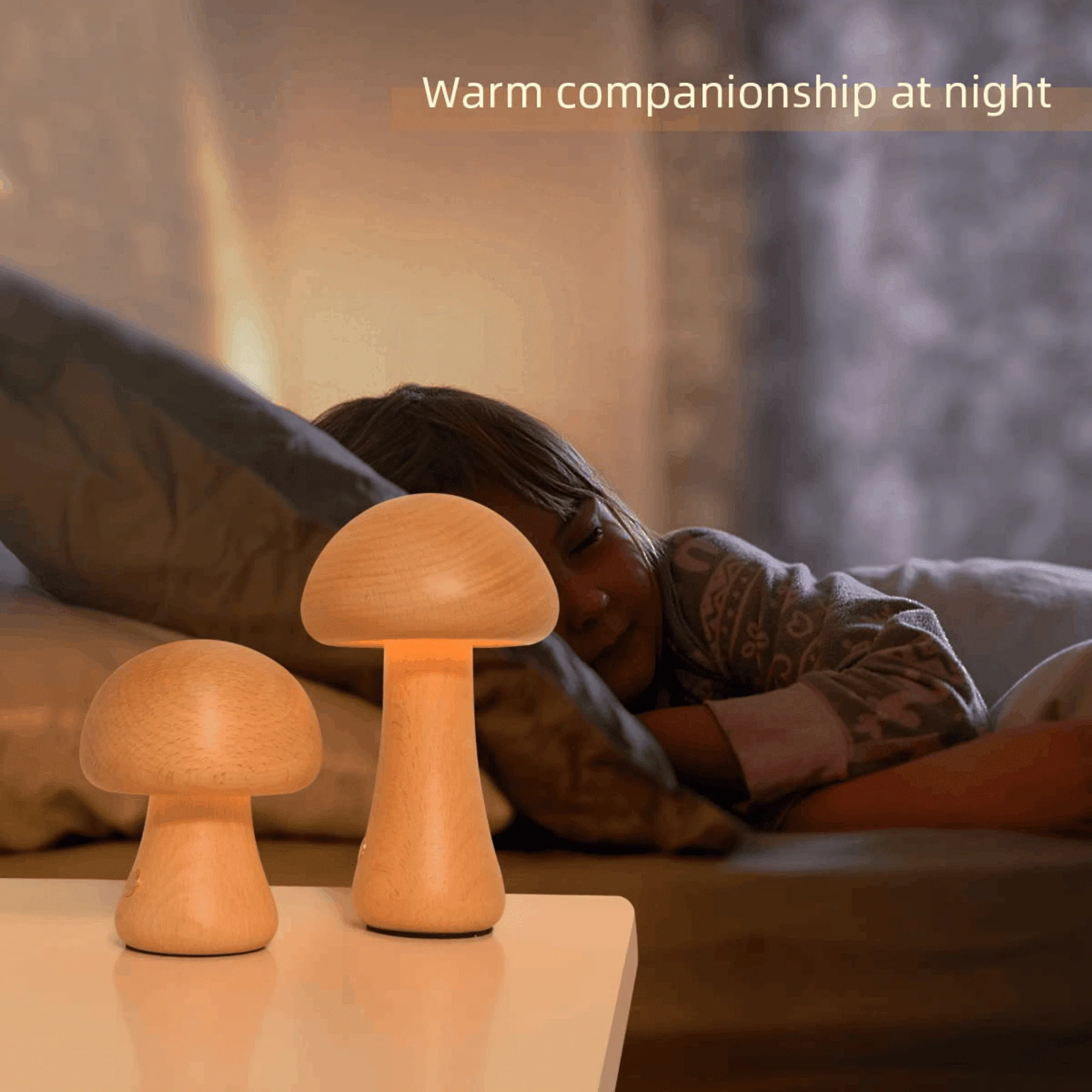 Mushroom Table Lamp, Dimmable LED Creative Wood Desk Lamp with USB Charging for Home Decor