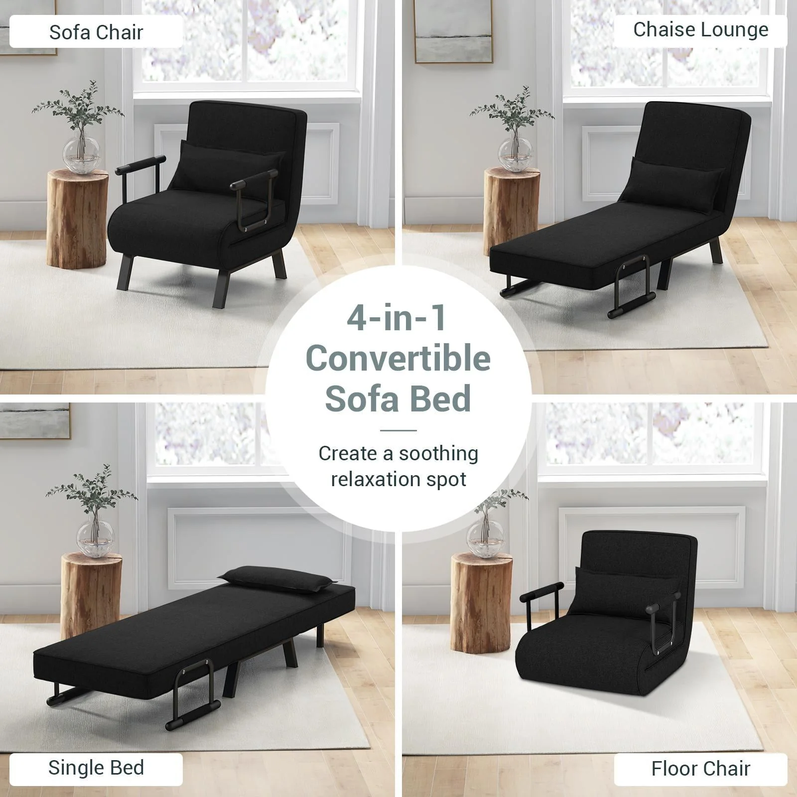 Giantex Convertible Sofa Chair Bed, Leisure Recliner Sleeper w/ 6 Adjustable Position Backrest into Lounge Seat, Folding Sofa Bed w/High Elastic Sponge, Durable Steel, Ideal for Home, Office (Black)