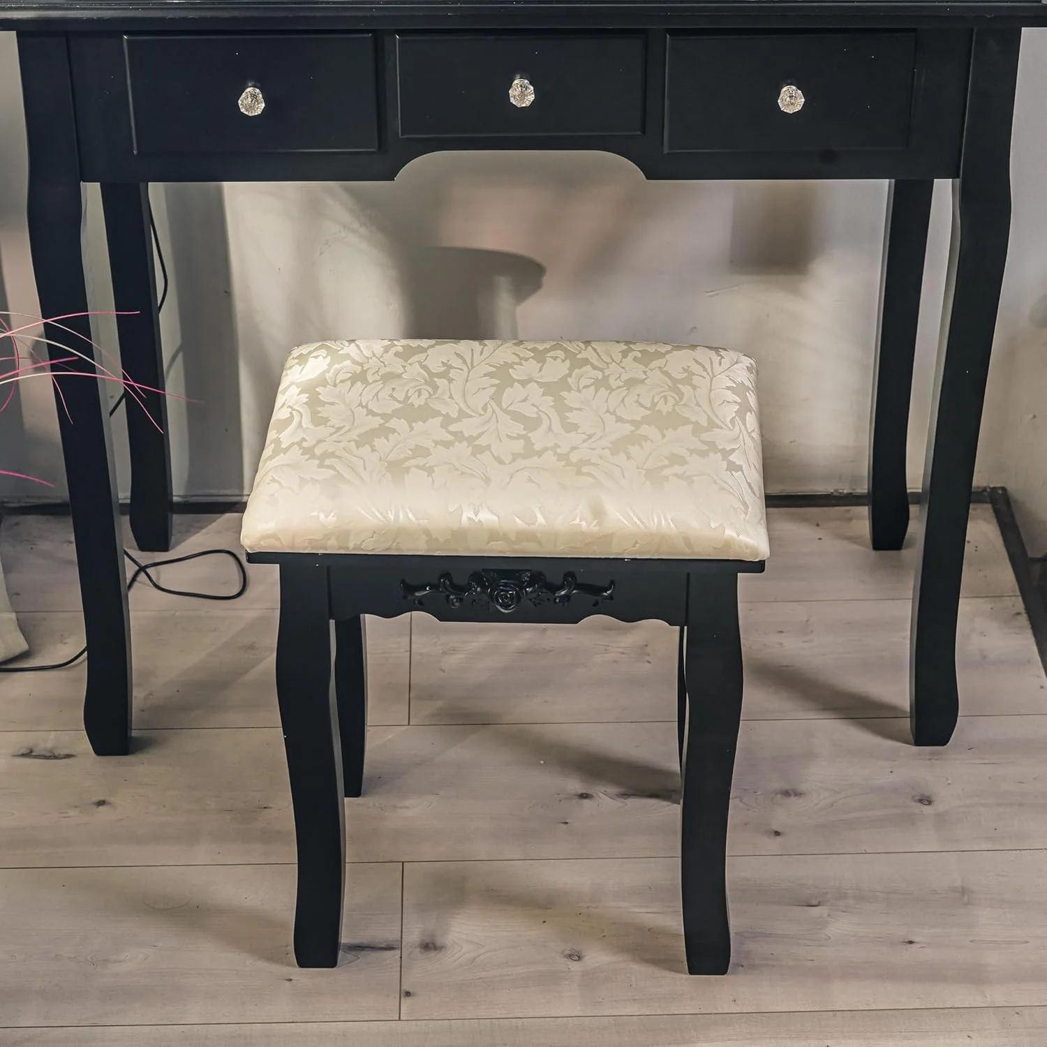 TROPOW Vanity Desk,Makeup Vanity,with Mirror and Lights,Vanity Desk with Mirror and Lights, Wood Makeup Dressing Table Stool with & Oval Mirror 3 Colors Lighting Modes Modern,Black