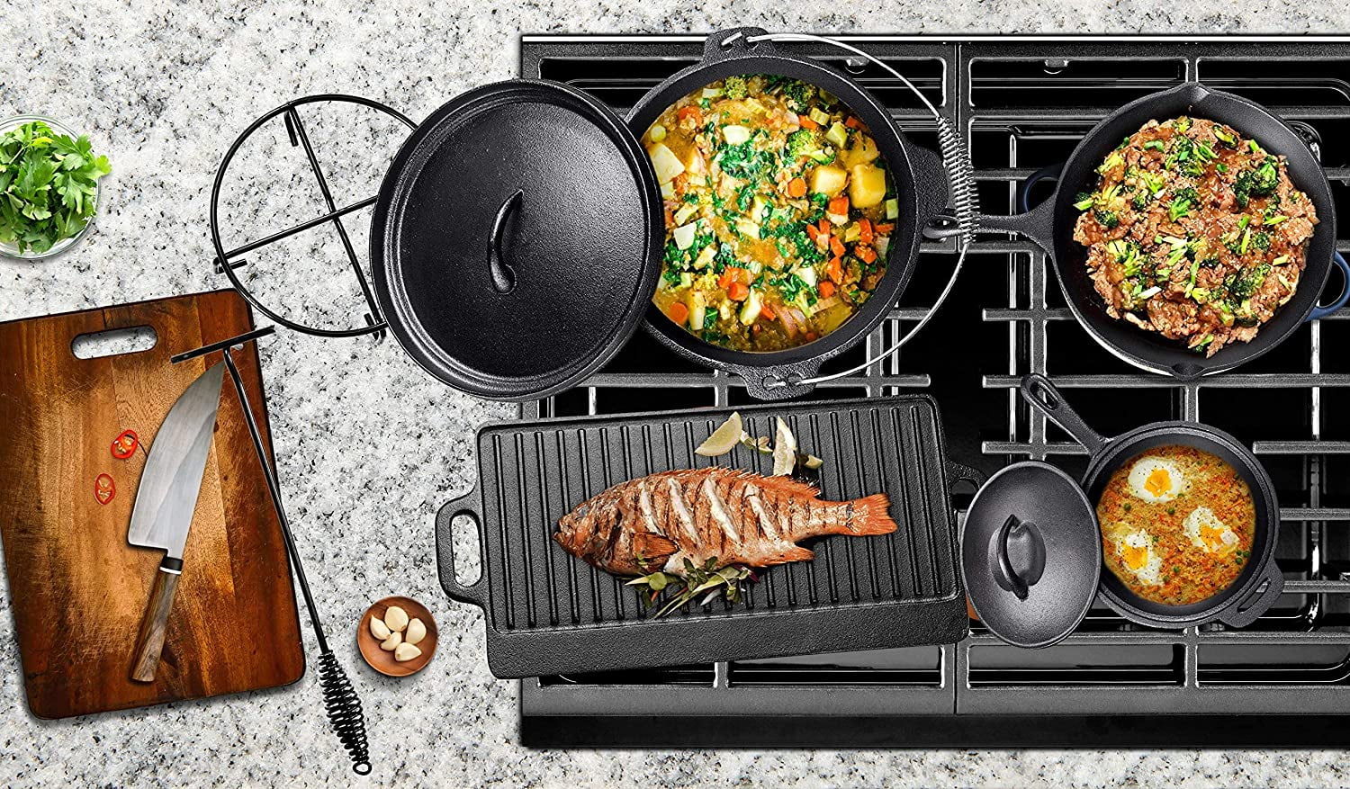 Bruntmor Camping Cooking Set Of 7 - Pre Seasoned Cast Iron Pots, Pans, and Dutch Ovens with Lids for Outdoor Campfire Cooking - Skillet Grill Cookware Set with Storage Box