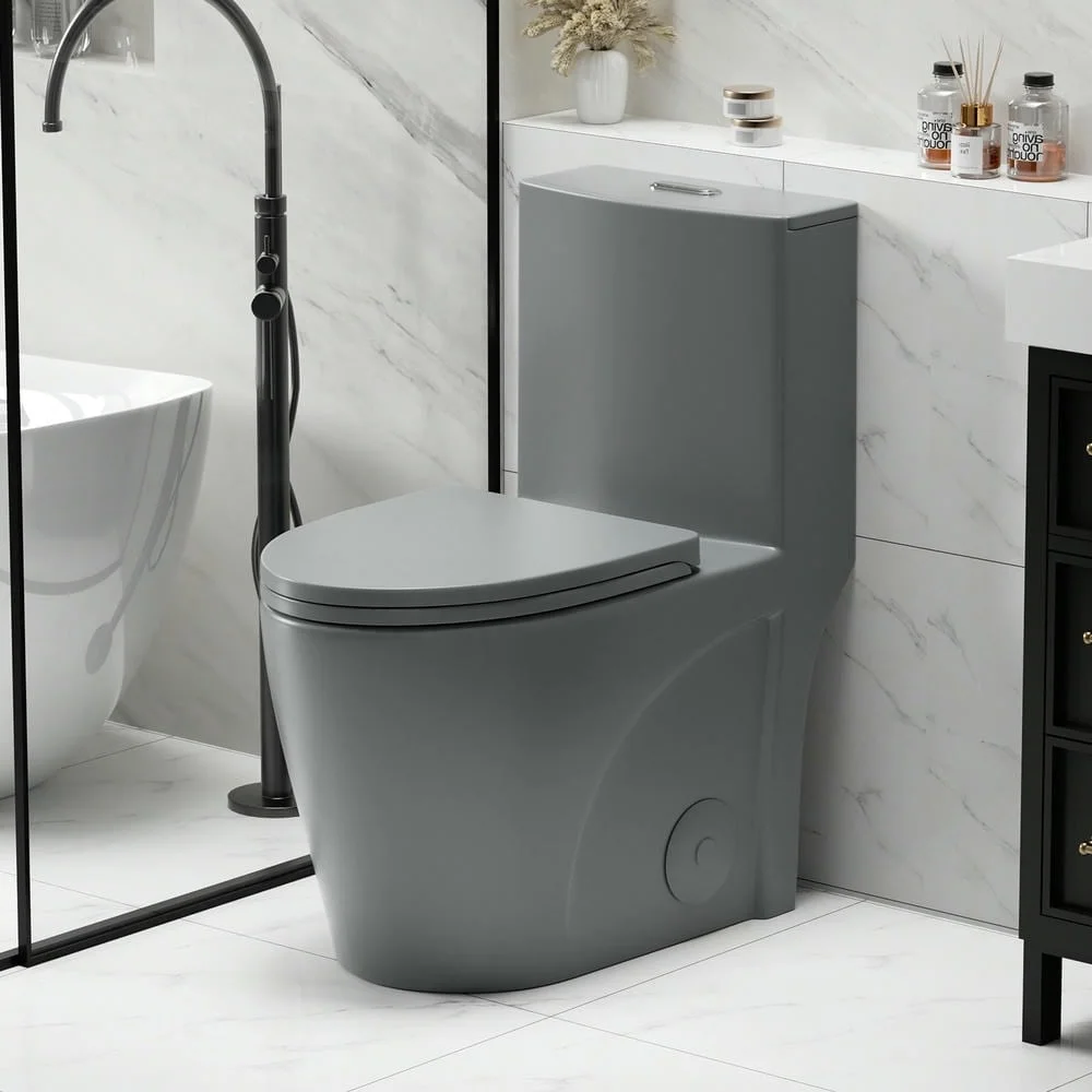 Spaco 1.1/1.6 GPF Dual Flush One-Piece Toilet, Button on Tank top S-trap 12 inches, Elongated Bowl with Soft Close Seat, Water-Saving MAP 1000g, Comfort Chair Seat ADA Height, Light Gray