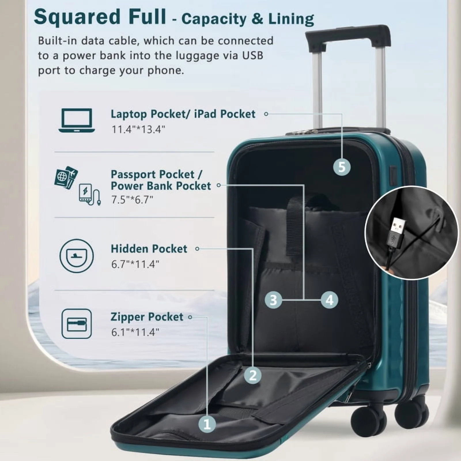 Front Opening Luggage Set 3 Piece, Hardside Carry on Suitcase with USB Port, Expandable Luggage with Handle Bag Spinner Wheels TSA Lock