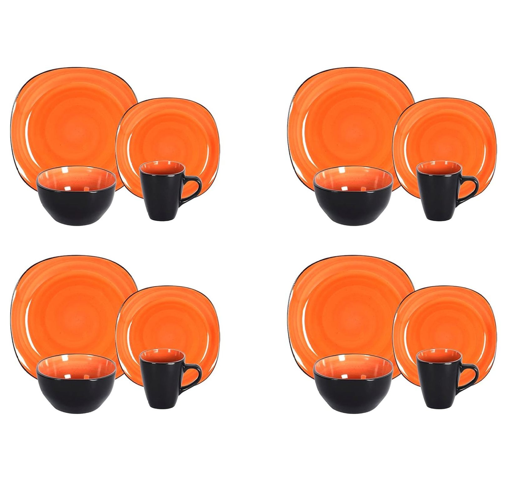 Stoneware Square 16pc Dinnerware Set, Inside Spinwash Swirl Orange + Outside Black