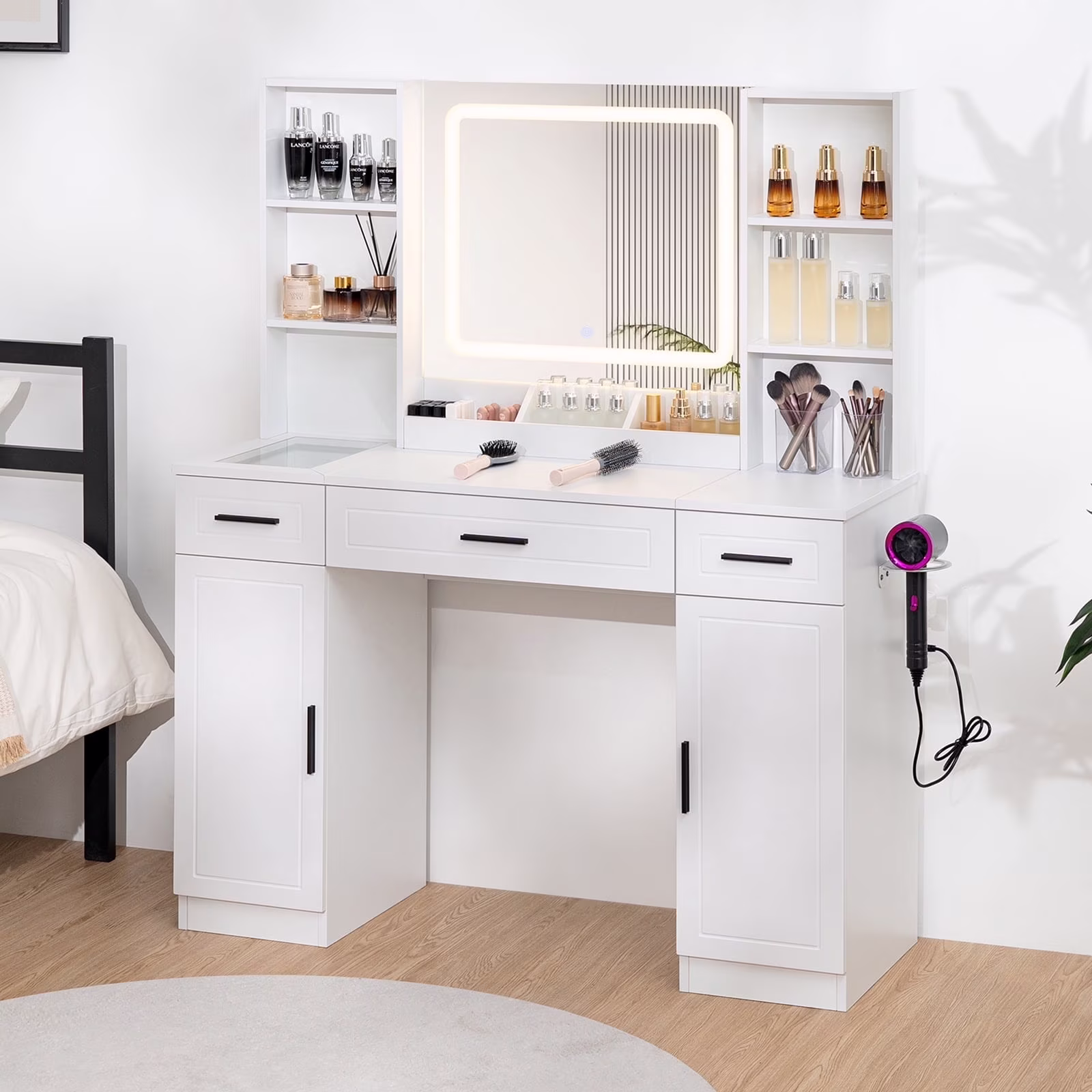 Hommpa Vanity Desk, Makeup Vanity with LED Lighted Mirror Vanity with Glass Top Drawers Vanity Table with Charging Station for Girls Bedroom Large Storage Cabinet Shelves, White