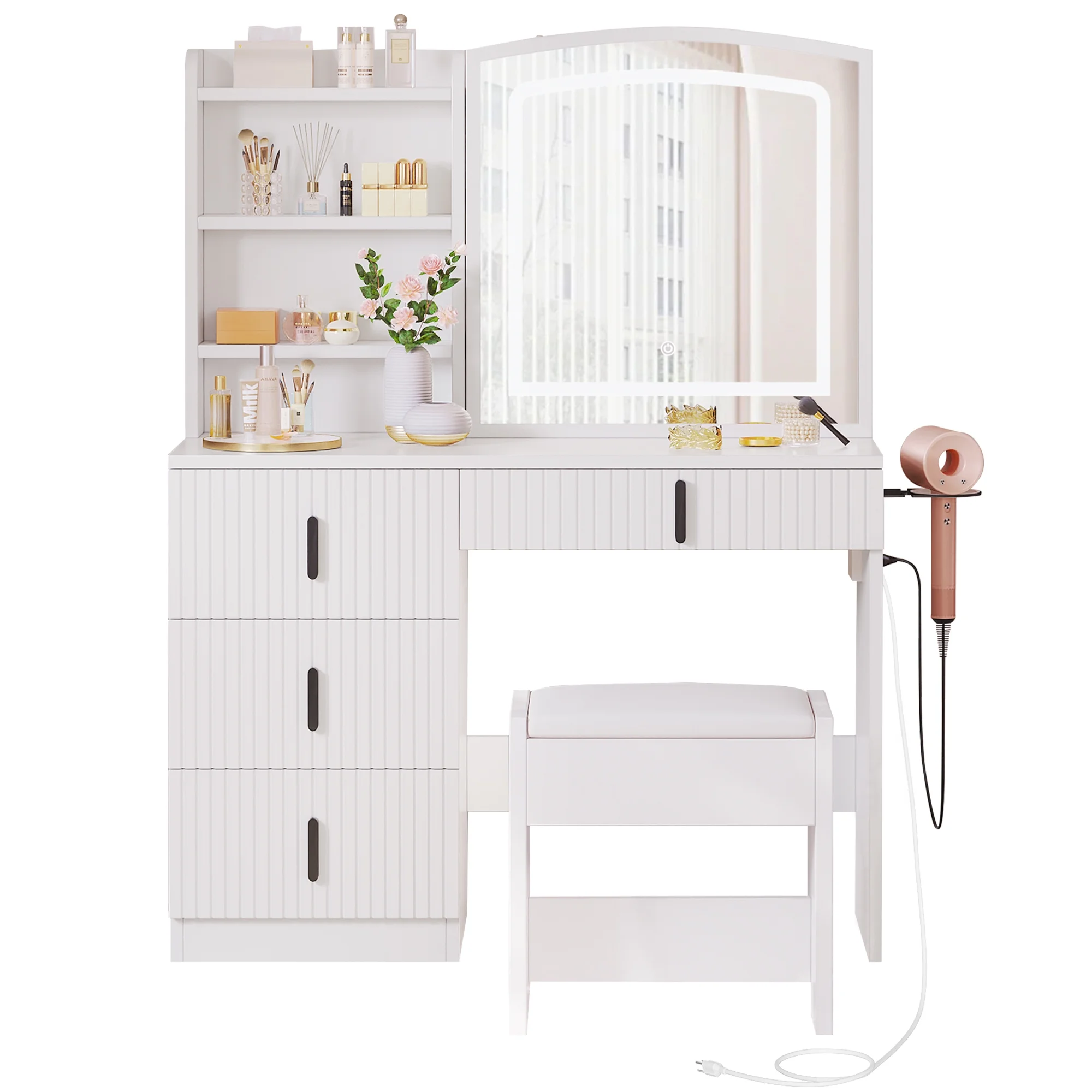 Dextrus Vanity Table Set with LED Lighted Mirror & Stool, Dressing Table with Sliding Mirror & Charging Station , Makeup Table with Storage Shelves & Drawers, White Vanity Desk for Bedroom, White