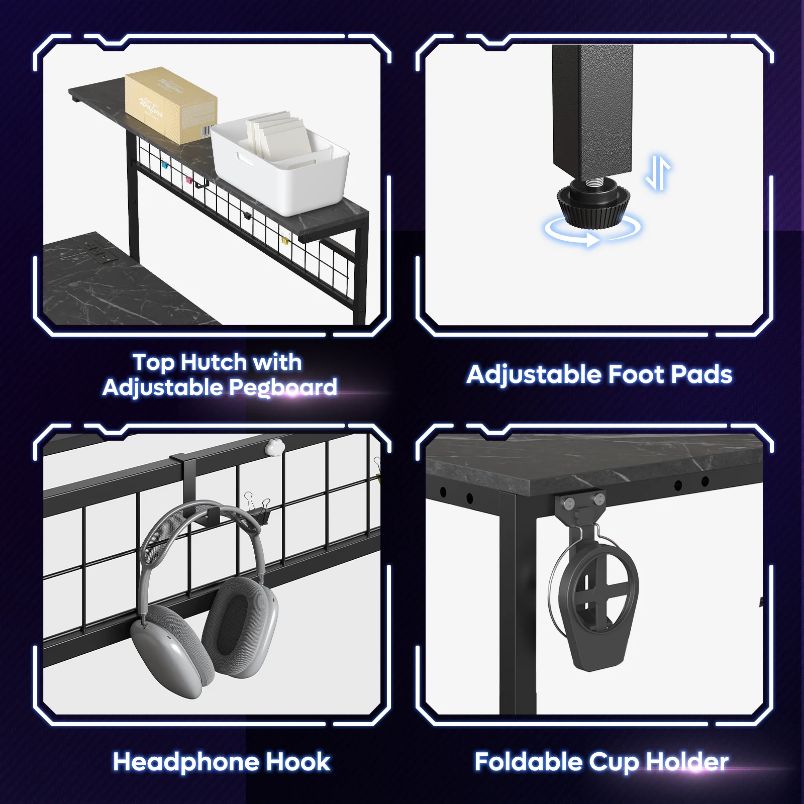 Bestier 51 L Shaped Gaming Desk with Power Outlets & LED Light, Computer Desk with 4 Tiers Shelves for Home Office, Reversible Gamer Table with Hooks and Cup Holder, Carbon Fiber