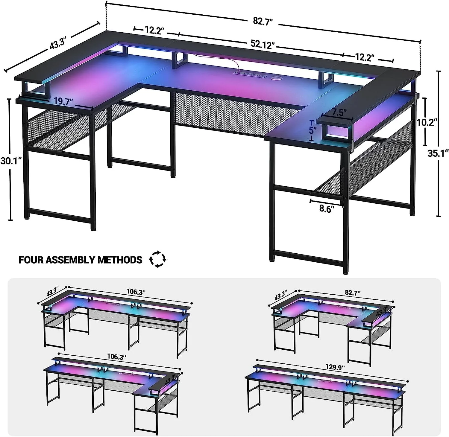 Homieasy U Shaped Desk with Power Outlet, 83 inch Reversible L-Shaped Gaming Desk with Monitor Stand and LED Strips, 2 Person Corner computer Desk with Storage Shelf for Home Office, Black