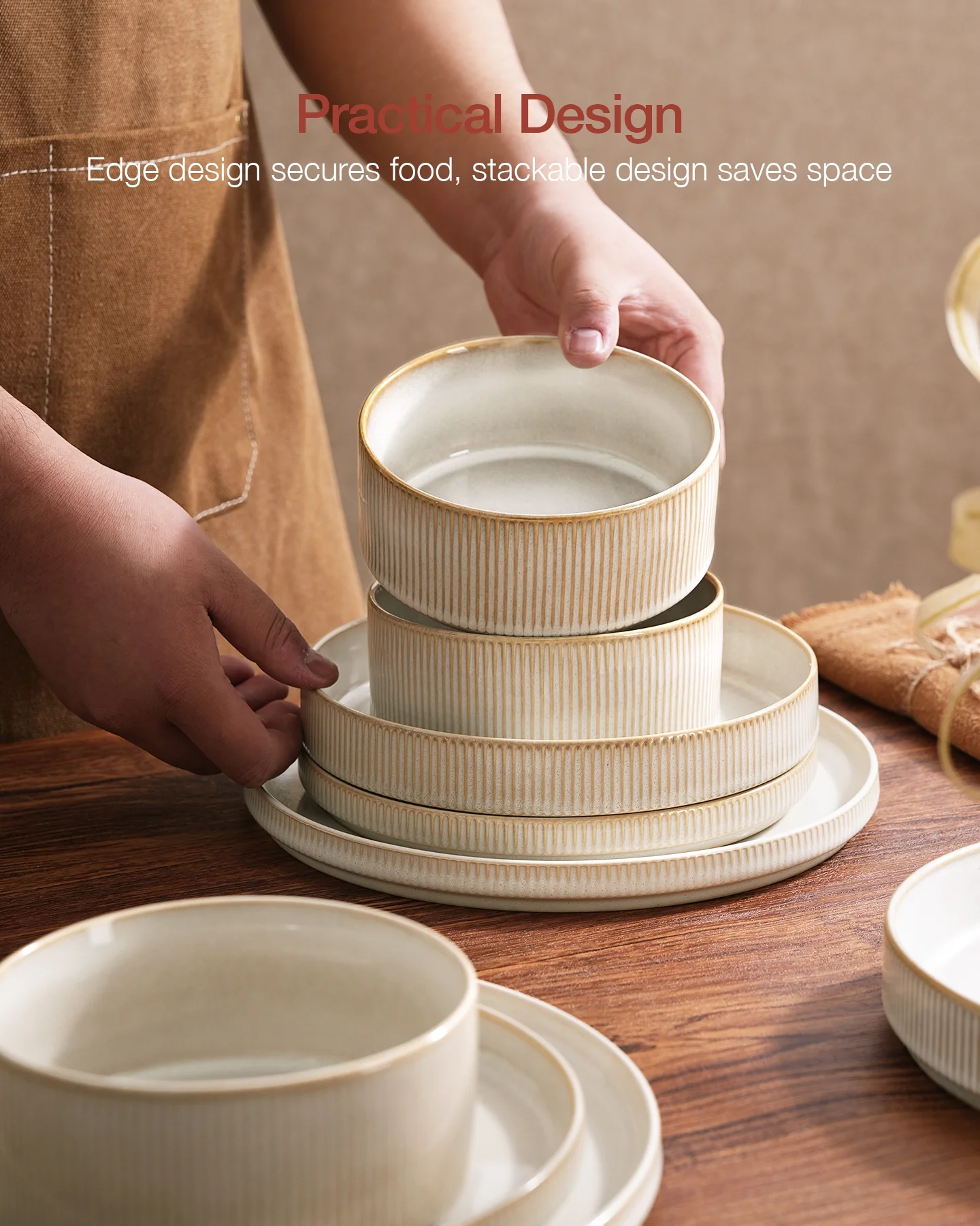 Famiware Star Stoneware Dinnerware Sets, Plates and Bowls Set for 4, 12 Piece Dish Set, Cappuccino White