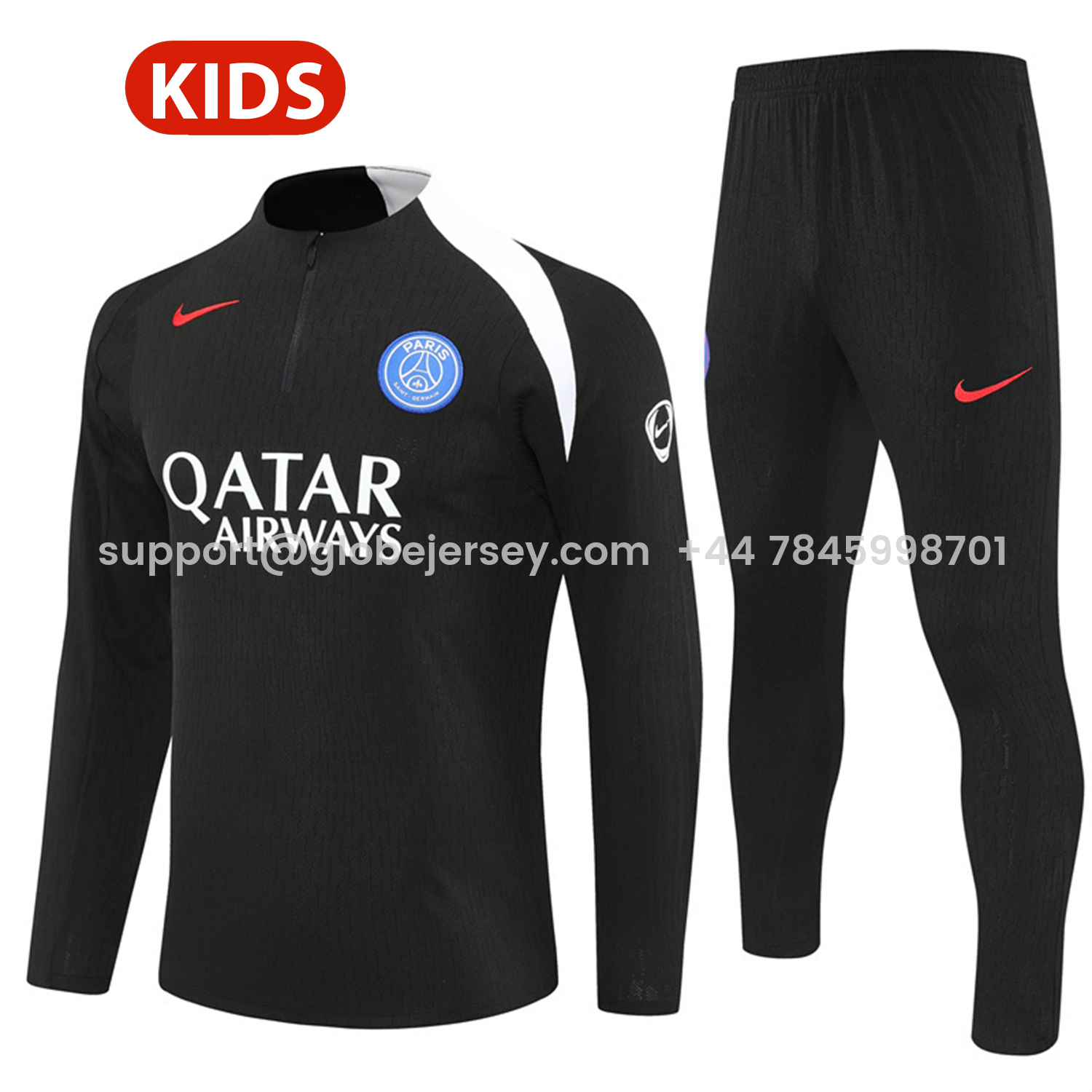 Paris Saint-Germain PSG 25-26 Kids Long Sleeve Training Set - Player Version - Black Top and Black Pants