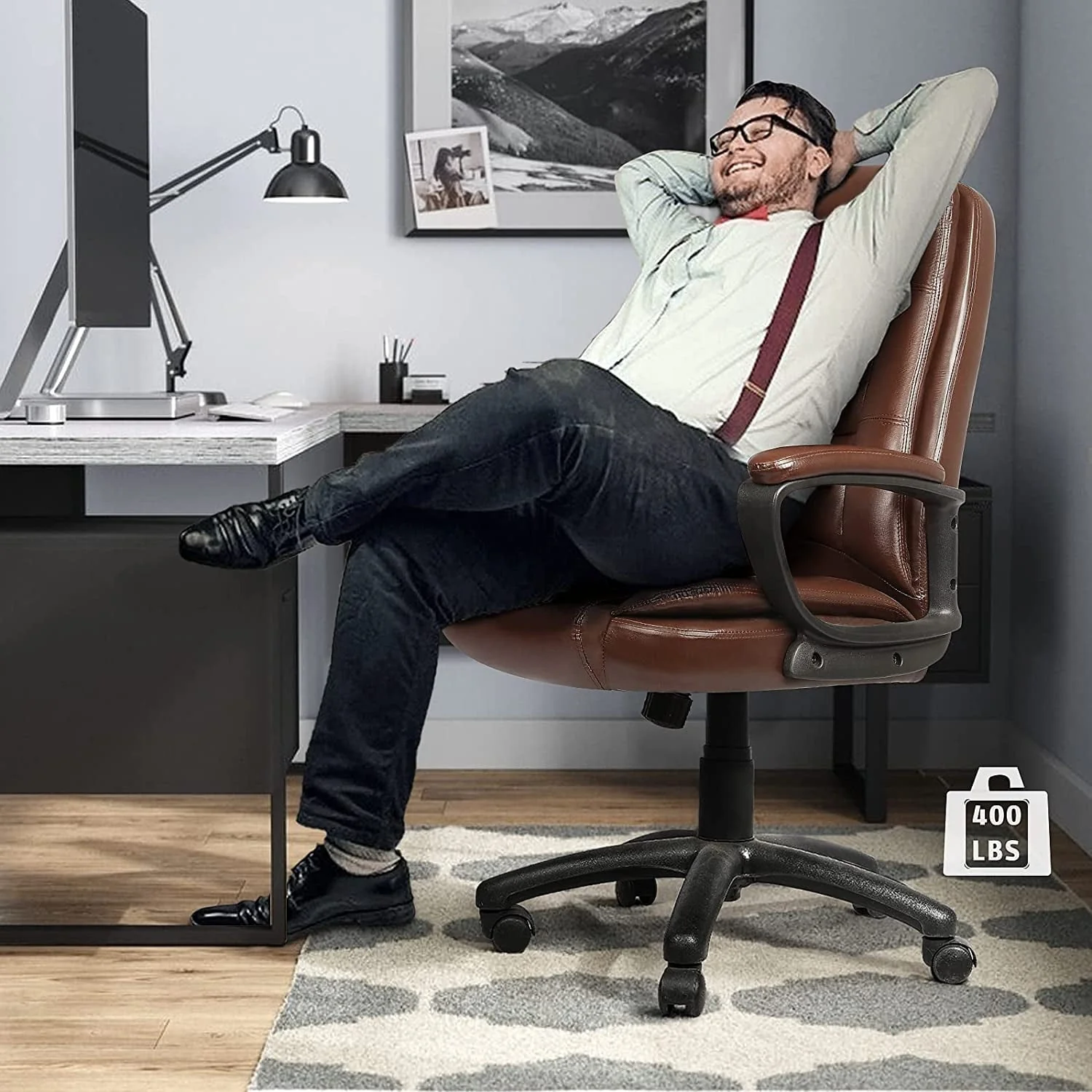 Waleaf Home Office Chair, 400LBS 8Hours Heavy Duty Design, Ergonomic High Back Cushion Lumbar Back Support, Computer Desk Chair, Big and Tall Chair, Adjustable Executive Leather Chair with Arms