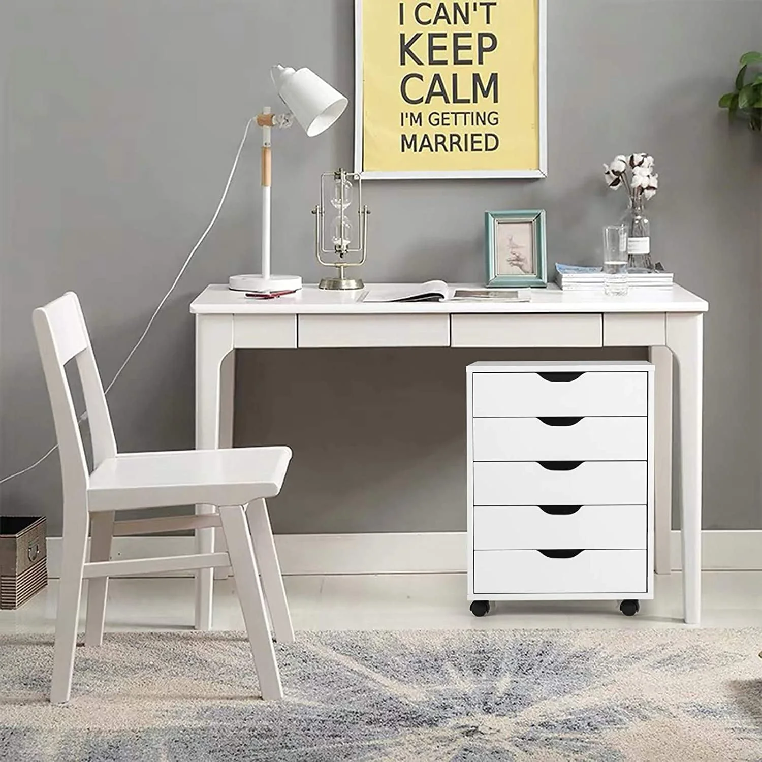DWVO Wood File Cabinet Rolling Cart 5 Drawer Home Office Storage Organizer White
