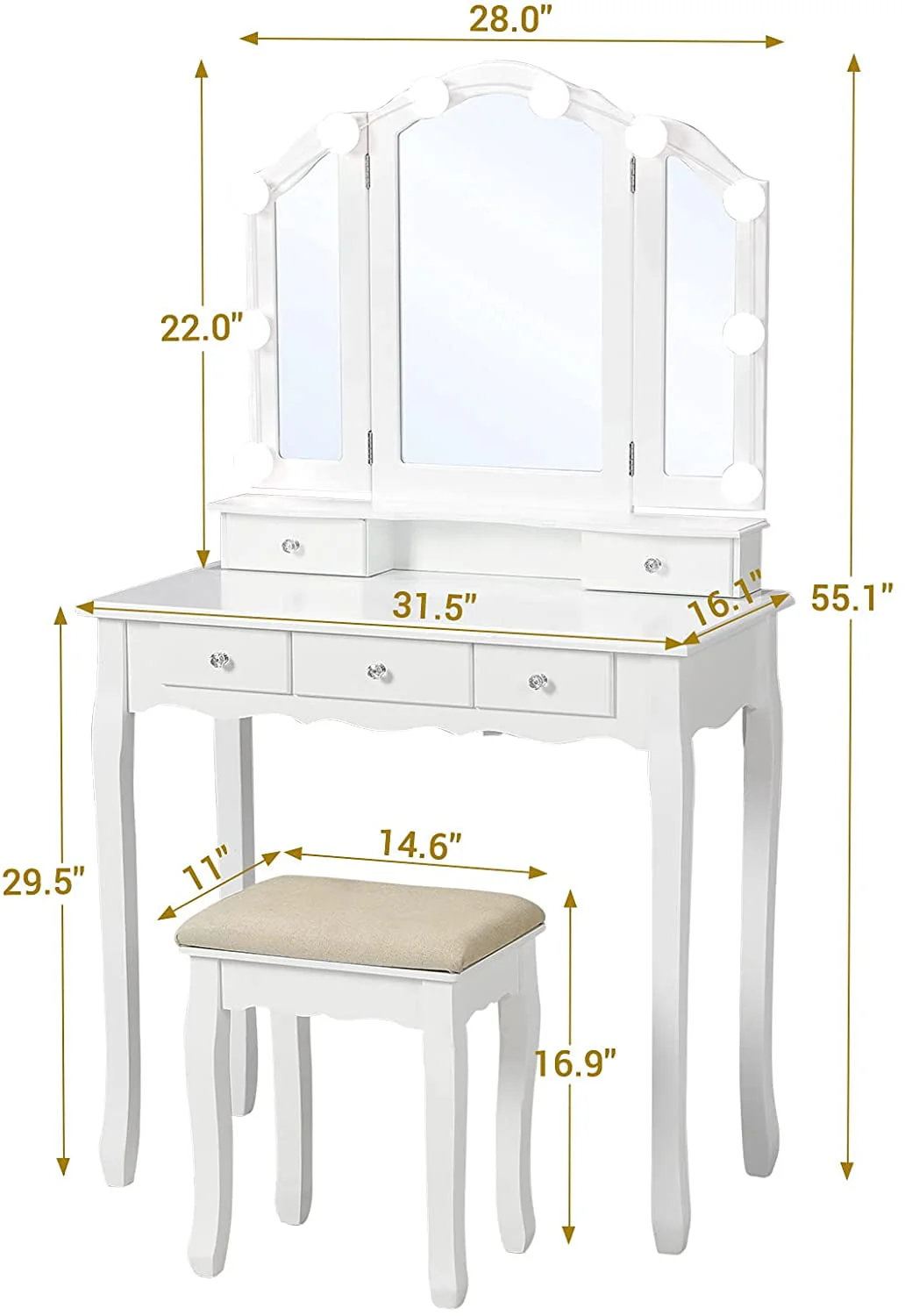 Tiptiper Vanity Table Set with Lighted Tri-Fold Mirror and Stool, Makeup Vanity Dressing Desk 5 Drawers, White