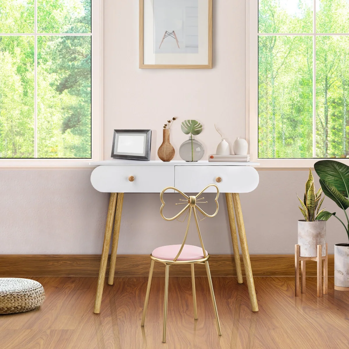 Liyufly Modern White Vanity Desk with Mirror, Solid Wood Makeup Vanity Dressing Table for Women Girls (Without Stool and LED)