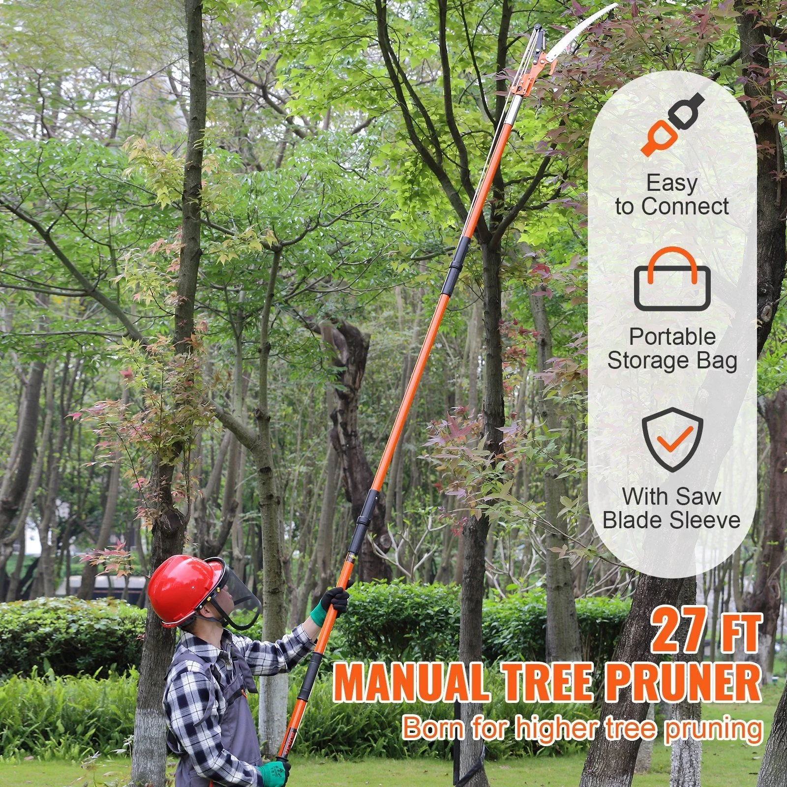 Telescopic pole saw trimmer 7.3-27 FT, manual tree trimmer with sharp steel knife and lightweight fiberglass handle for cutting tall branches, palms and shrubs
