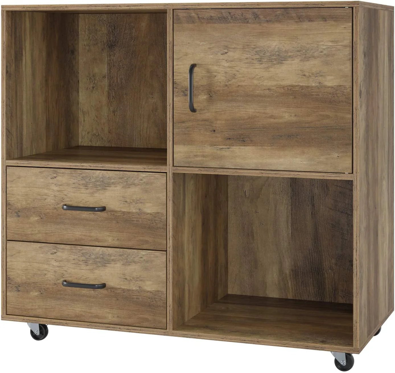 Homfa Lateral File Cabinet with 2 Drawers, Printer Stand with Storage Shelves, Large Mobile Filing Cabinet, Functional Wood Cabinet for Home Office with Wheels, Rustic Brown