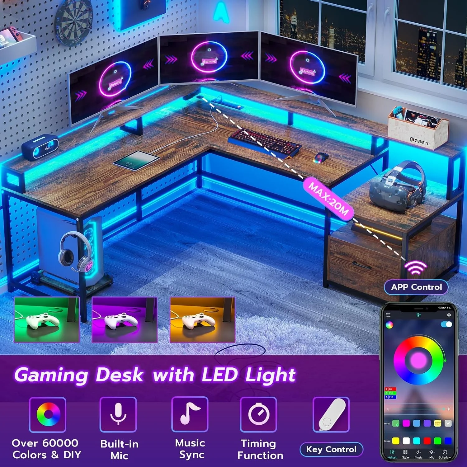 L Shaped Desk with Power Outlet and LED Lights, Corner Computer Desk with File Drawer for Home Office,  Gaming Desk,  Rustic Brown